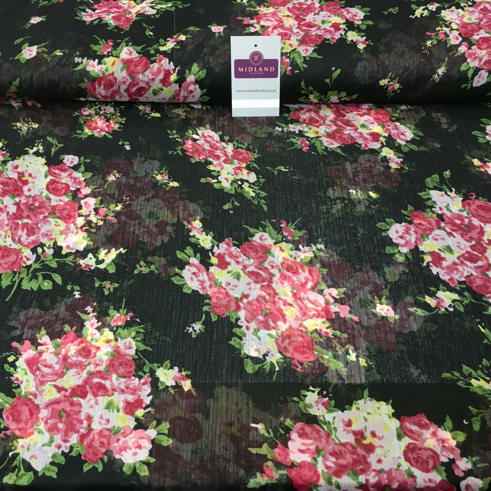 Black Vintage Floral Crinkle Georgette Chiffon Fabric 150cm Wide MK1090-6