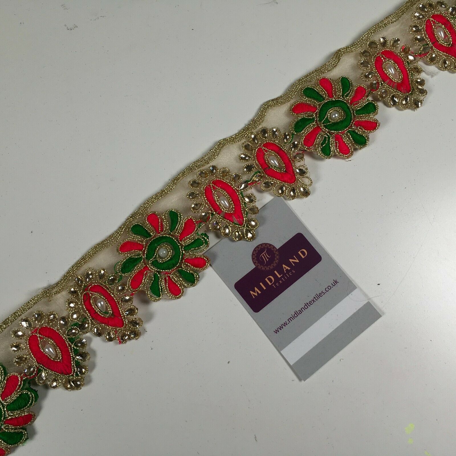 50mm wide Gold Organza Floral Embroided Pearl border saree edging M1346