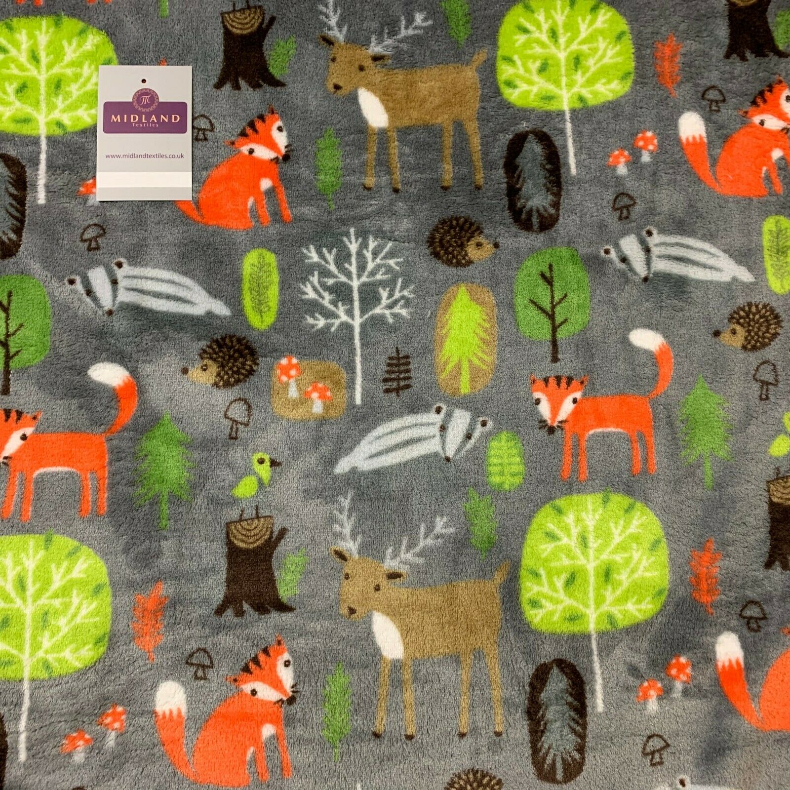 Grey and Lime Fox and Hedgehog Soft Cuddle Fleece Fabric 150cm  M701-4 Mtex