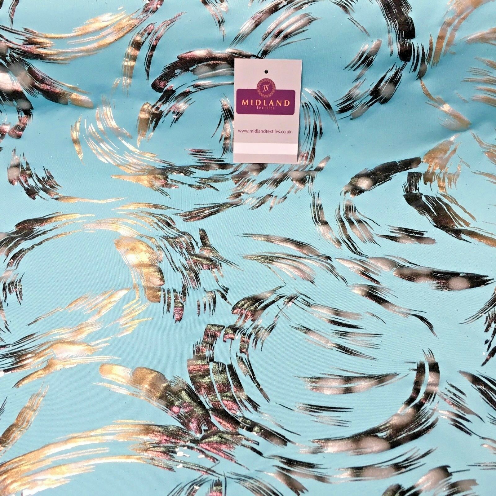 Aqua Bronze Spandex Jersey Foil Printed Dress fabric 58' Wide MU1024-1