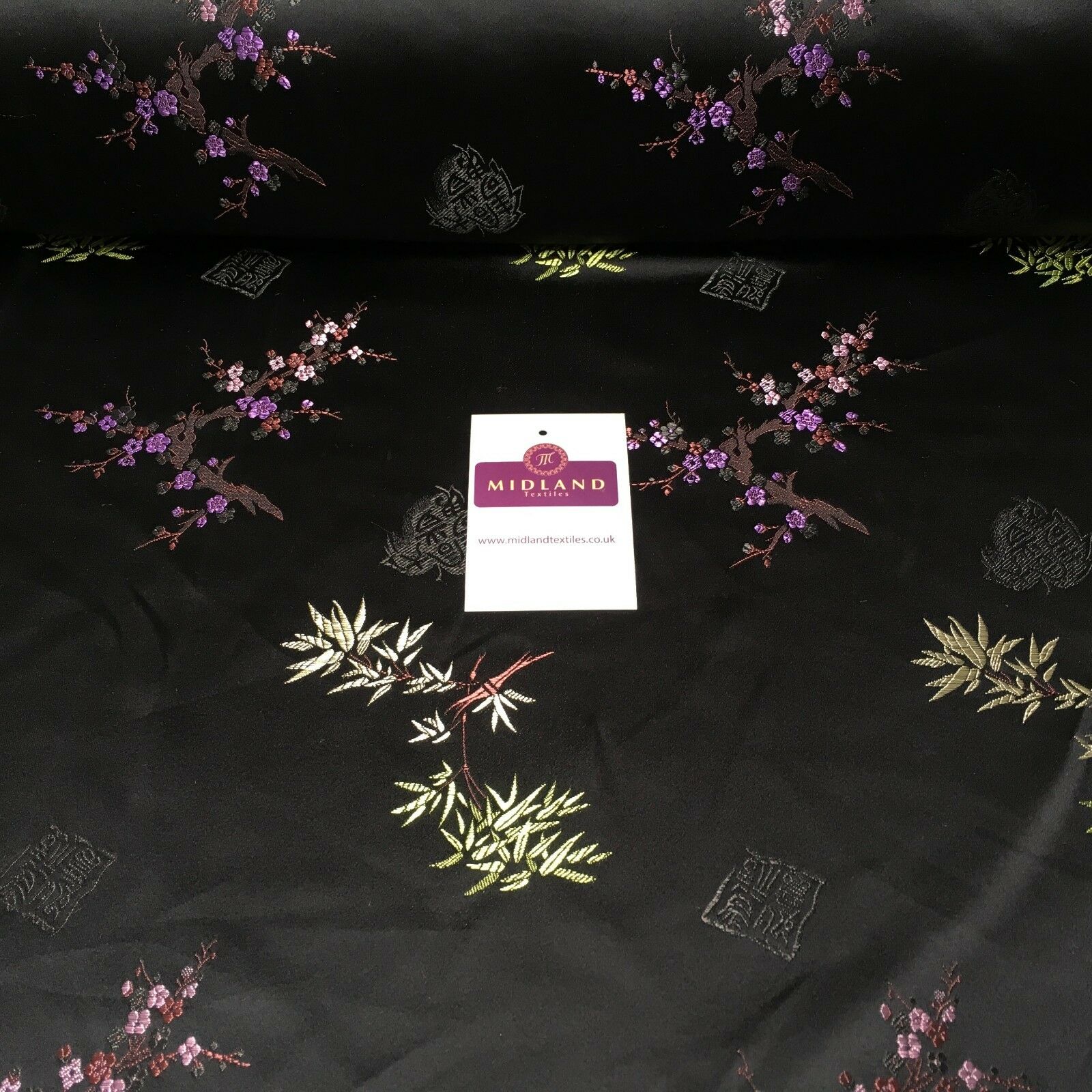 Black Chinese Floral Blossom Oriental Satin Brocade Dress Fabric 44" M395-19