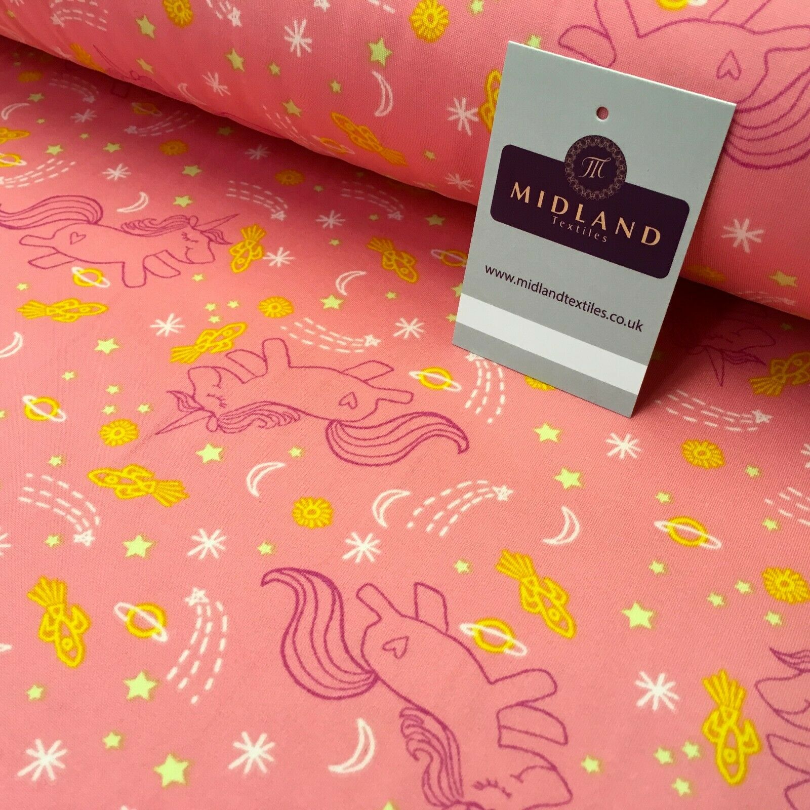 Coral Pink Unicorns Printed Brushed Jersey Dress fabric 150cm Wide MK1106-5 Mtex