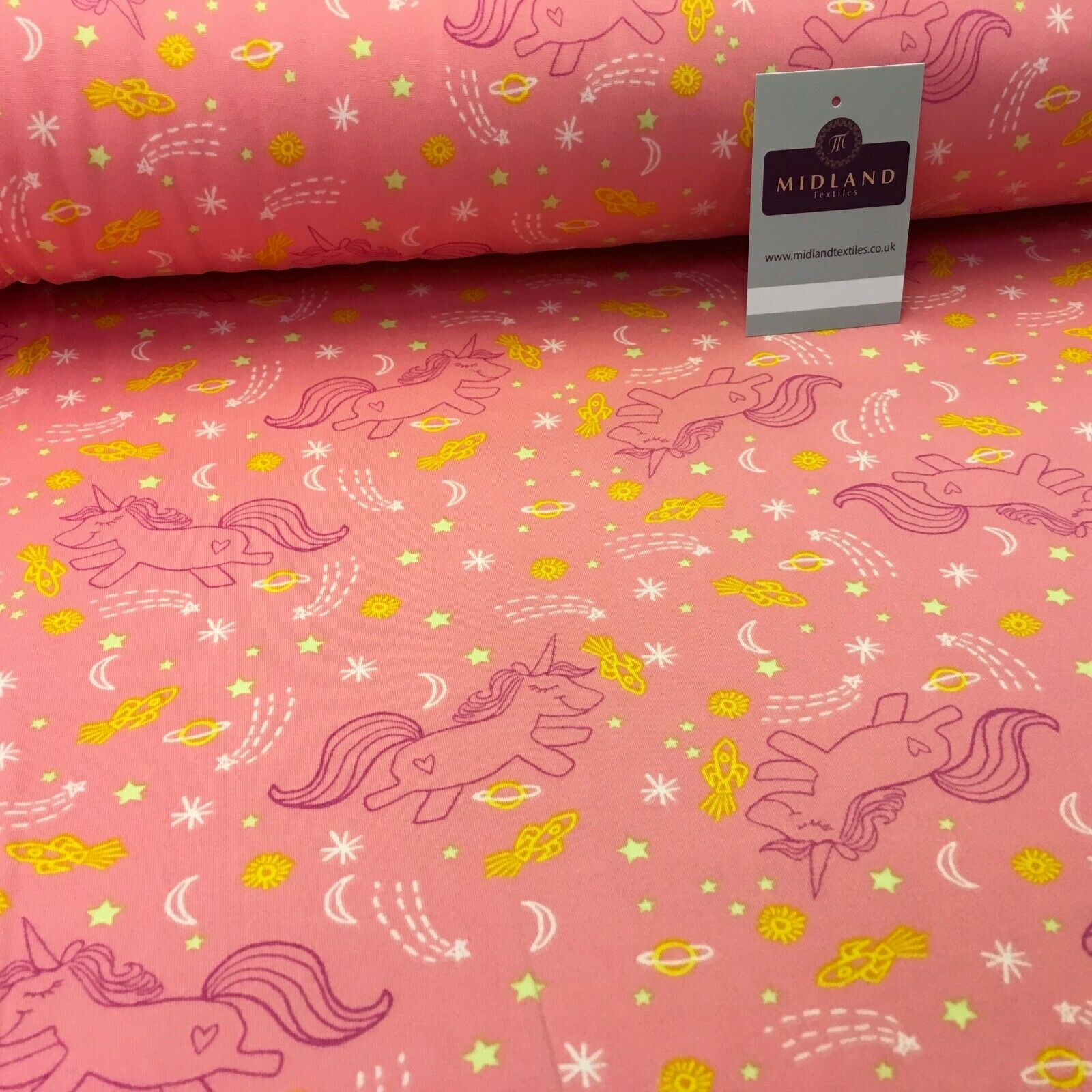 Coral Pink Unicorns Printed Brushed Jersey Dress fabric 150cm Wide MK1106-5 Mtex