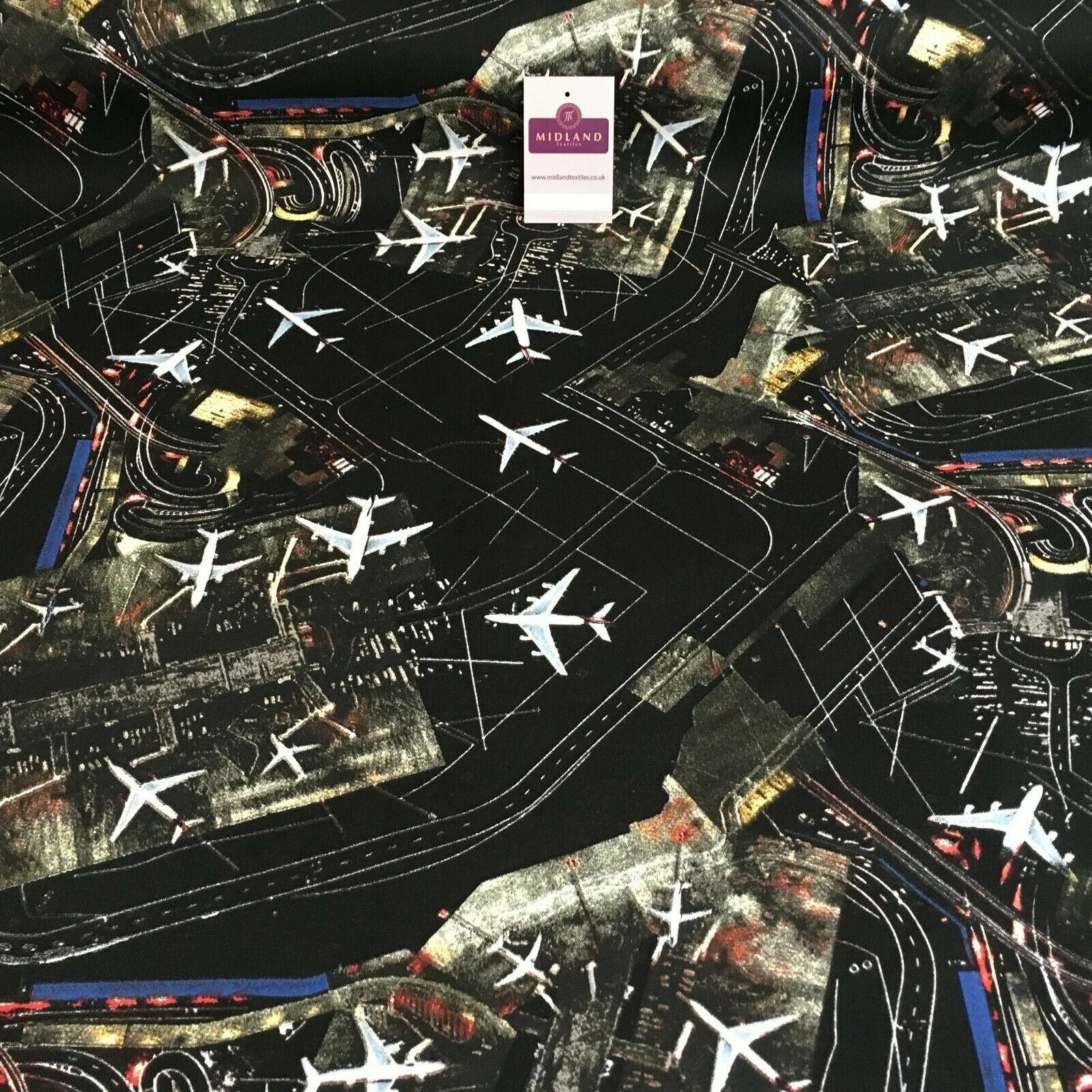Black Airport Landing Aeroplanes 100% Cotton Canvas Fabric 150 cm Wide MK856-17