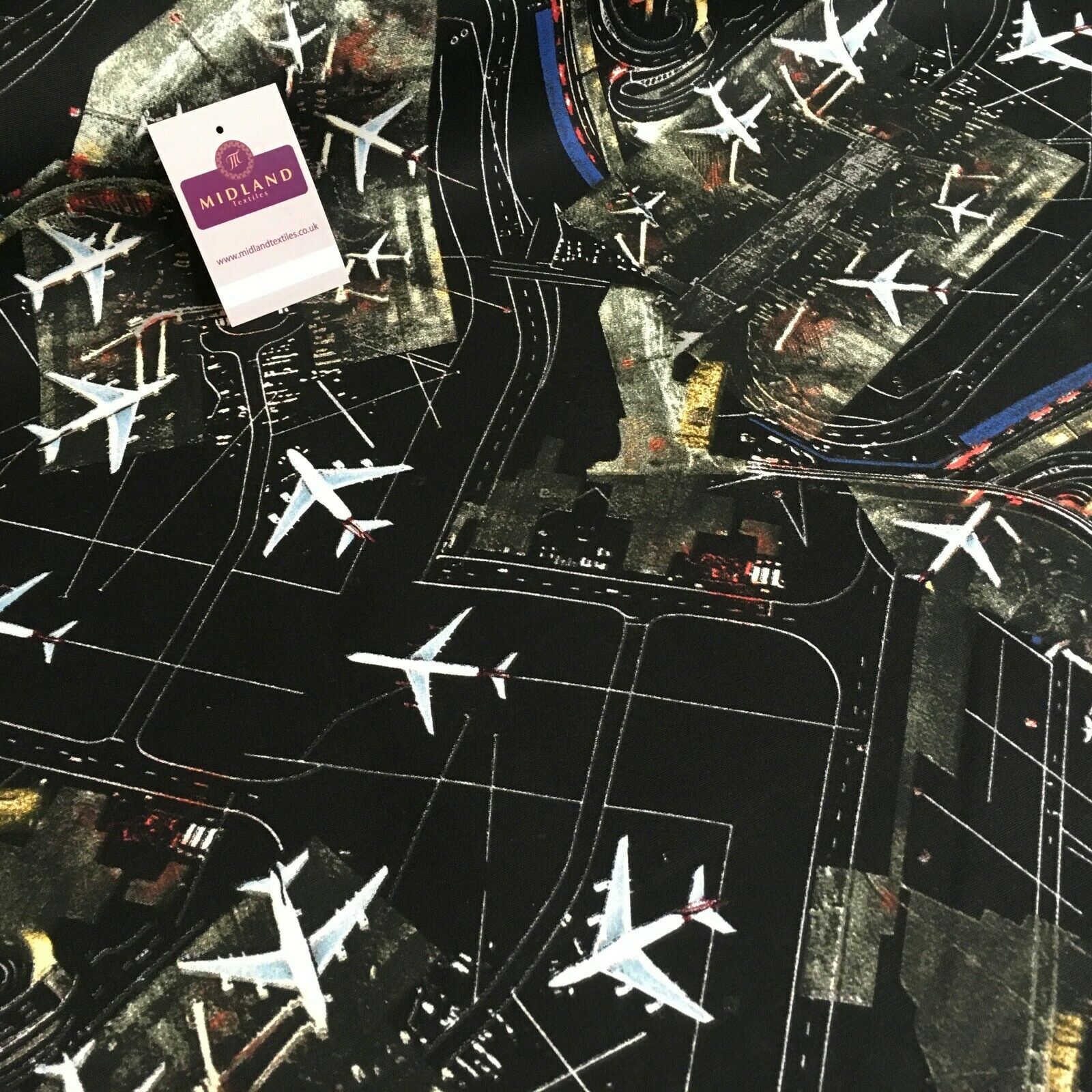 Black Airport Landing Aeroplanes 100% Cotton Canvas Fabric 150 cm Wide MK856-17
