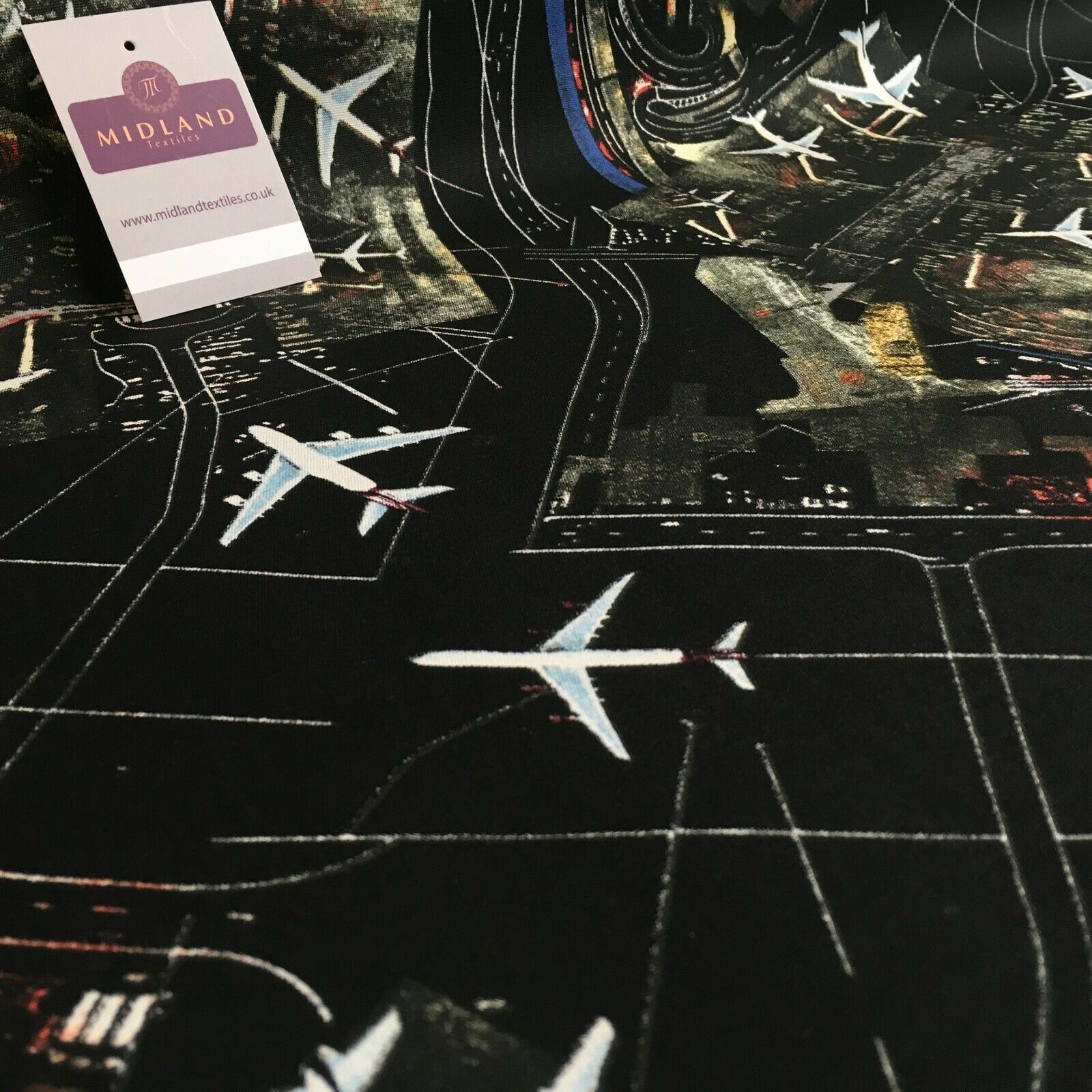 Black Airport Landing Aeroplanes 100% Cotton Canvas Fabric 150 cm Wide MK856-17