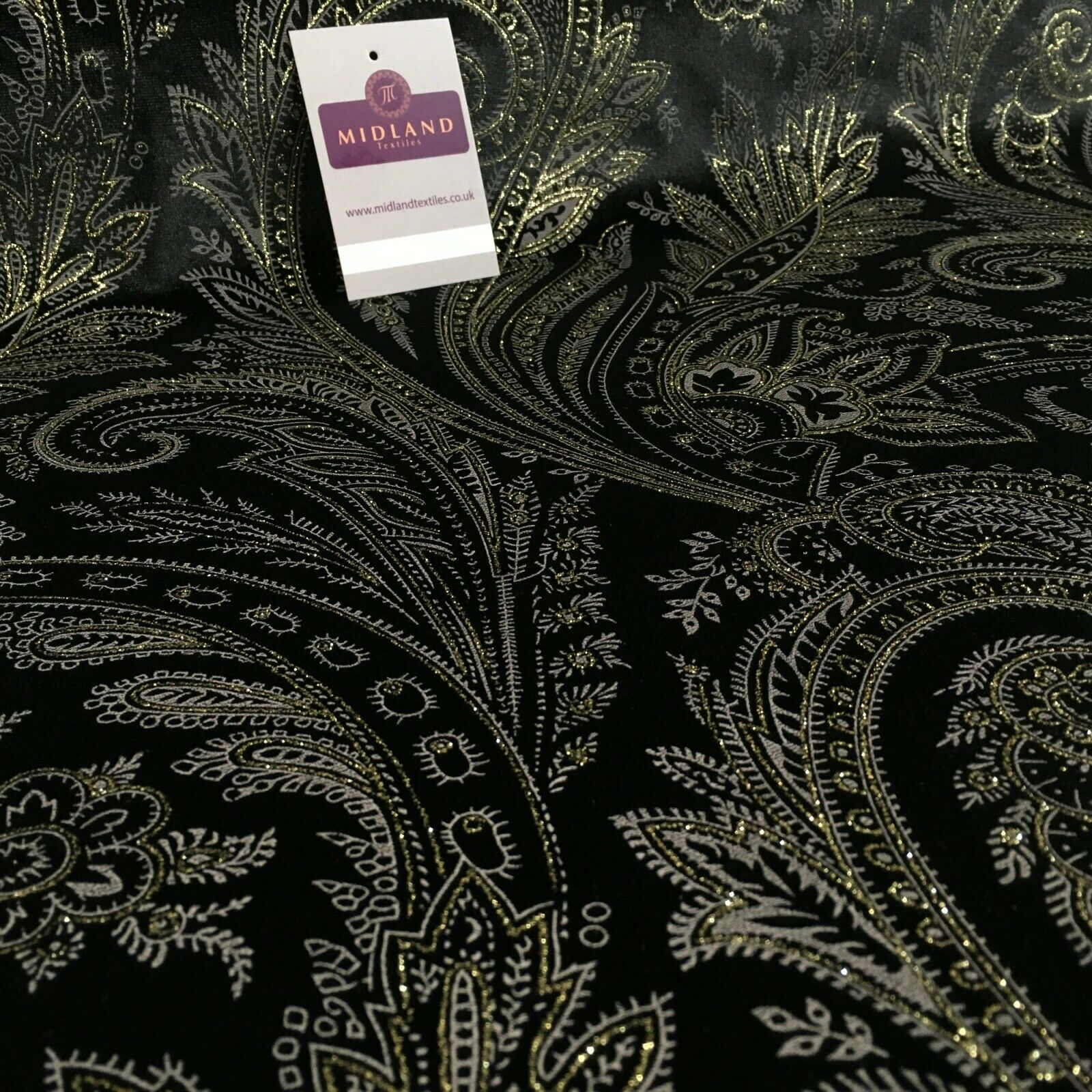 Black Velvet Gold Spangle Glitter Paisley Ornamental Fabric 150 cm MR1325