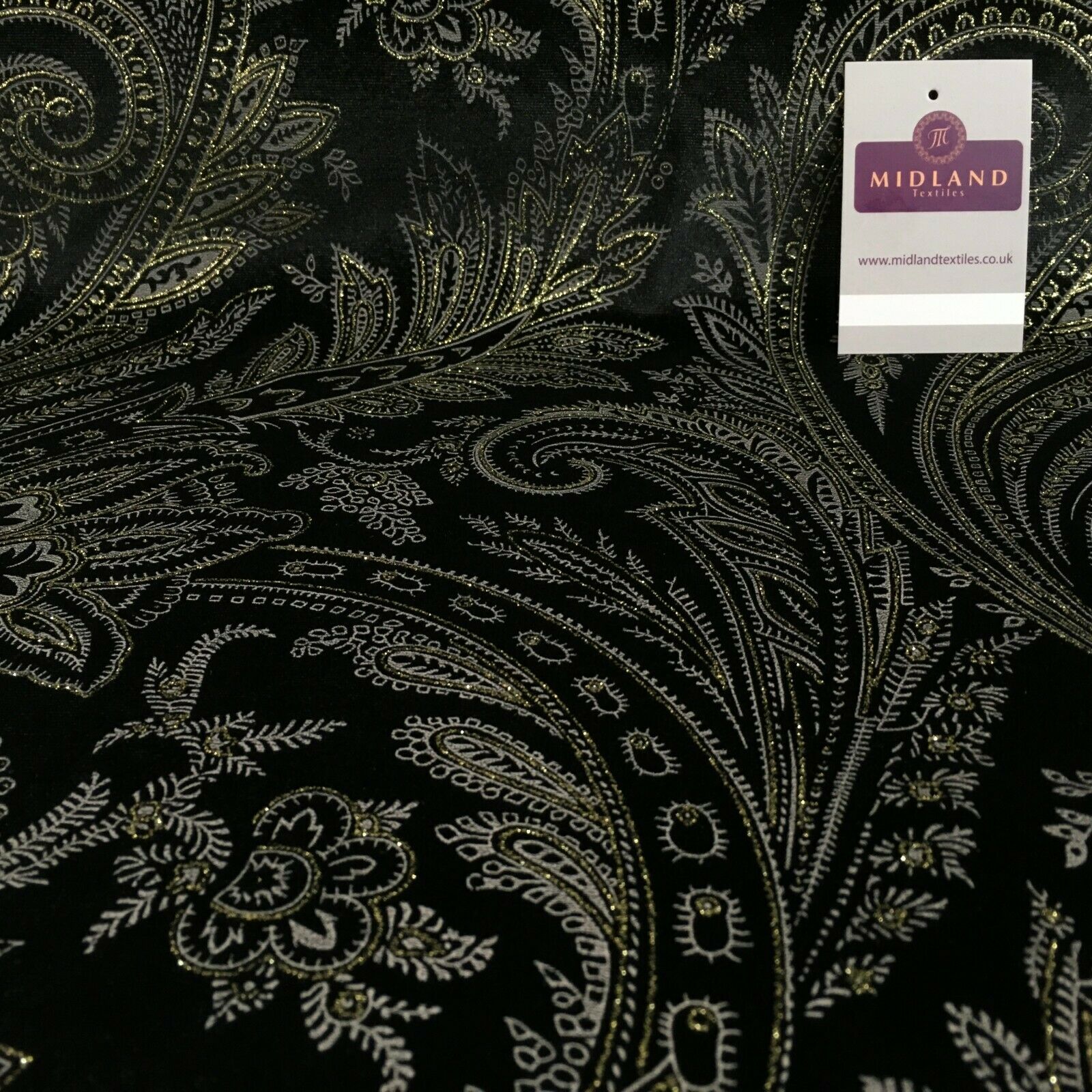 Black Velvet Gold Spangle Glitter Paisley Ornamental Fabric 150 cm MR1325