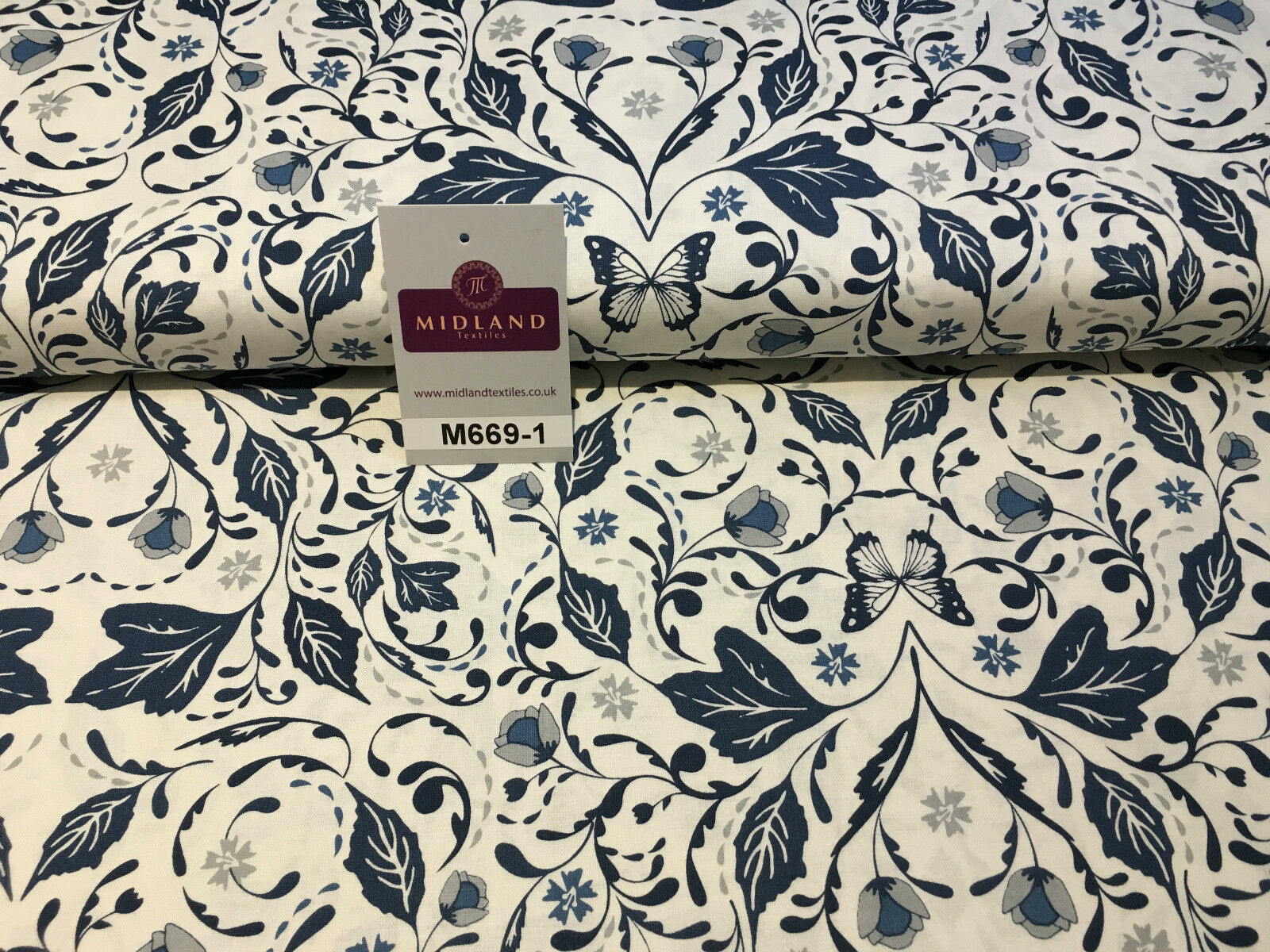 Blue William Morris inspired Butterfly and leaves 100% cotton fabric 45" M669