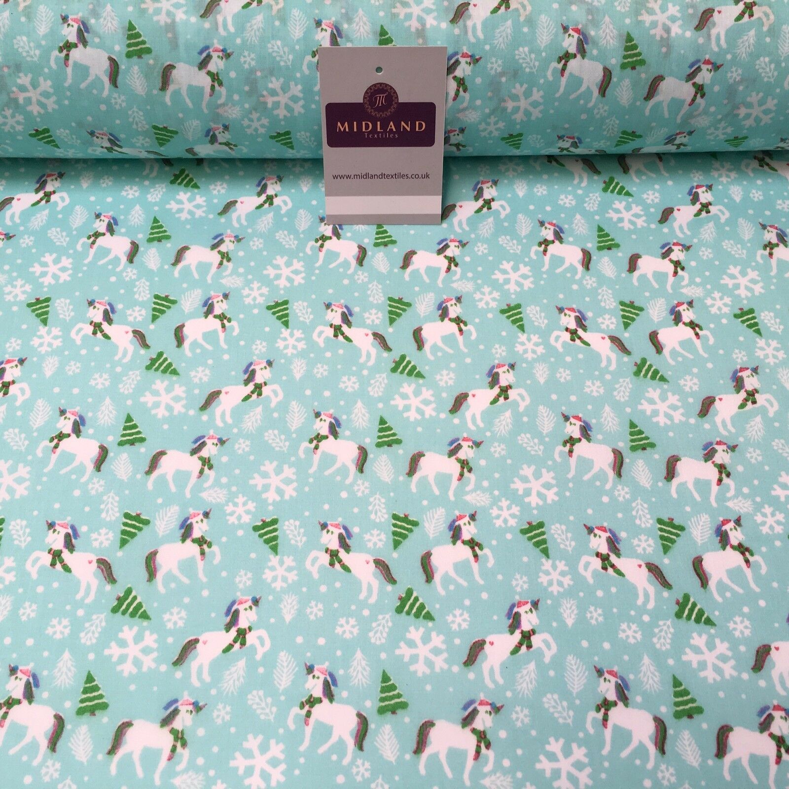 Festive Christmas Snowflake Unicorn Printed poly cotton Fabric 44' Wide MH972