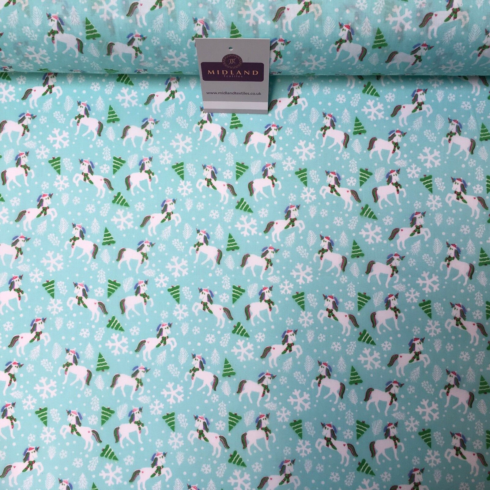 Festive Christmas Snowflake Unicorn Printed poly cotton Fabric 44' Wide MH972