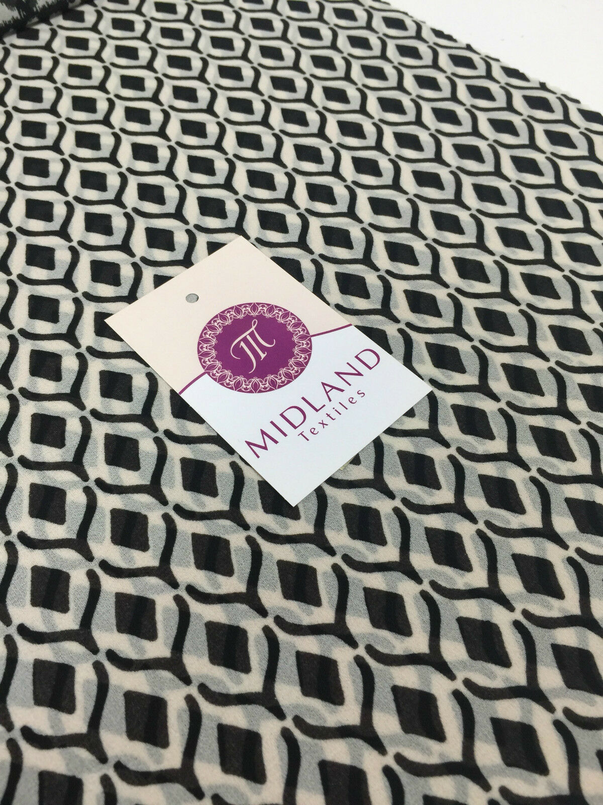 Black and Off white geometric diamond crepe chiffon printed fabric 58' M401-13