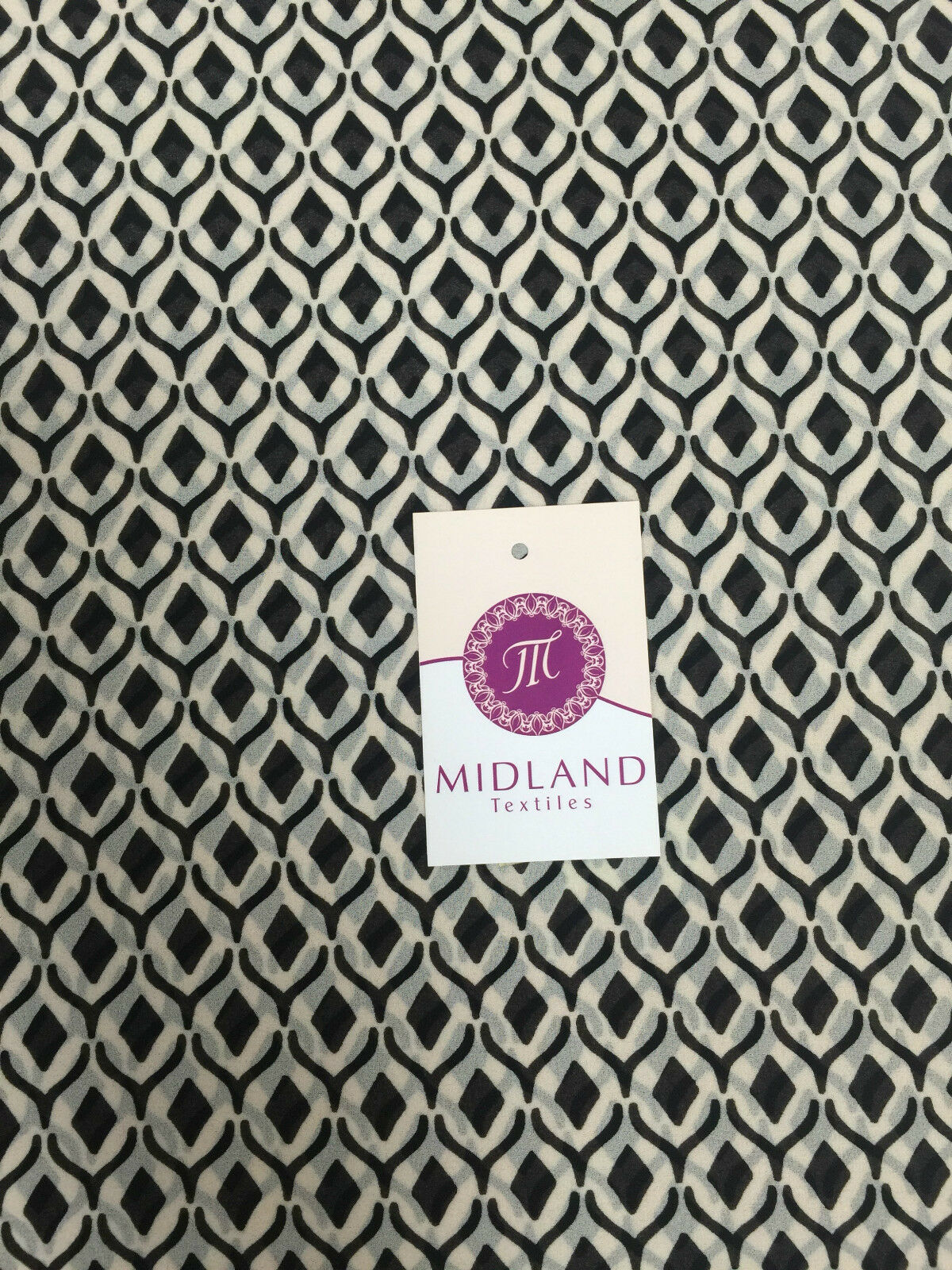 Black and Off white geometric diamond crepe chiffon printed fabric 58' M401-13