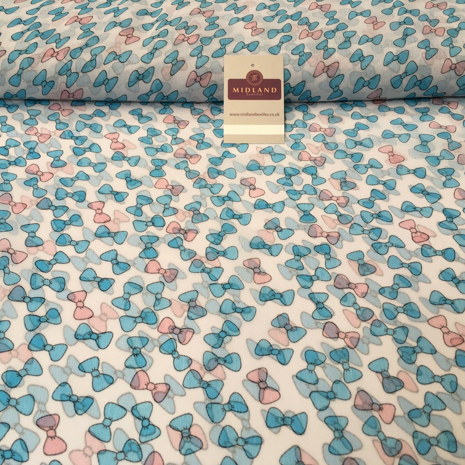 Blue Bows Printed Crinkle Georgette Chiffon Fabric 150cm wide MK1090-23