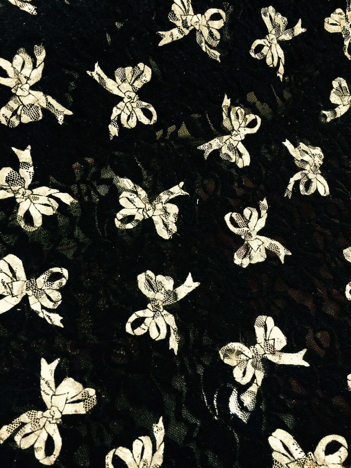 Cream Bow Print on Black soft lace Two Way Stretch 55' M186-3 Mtex