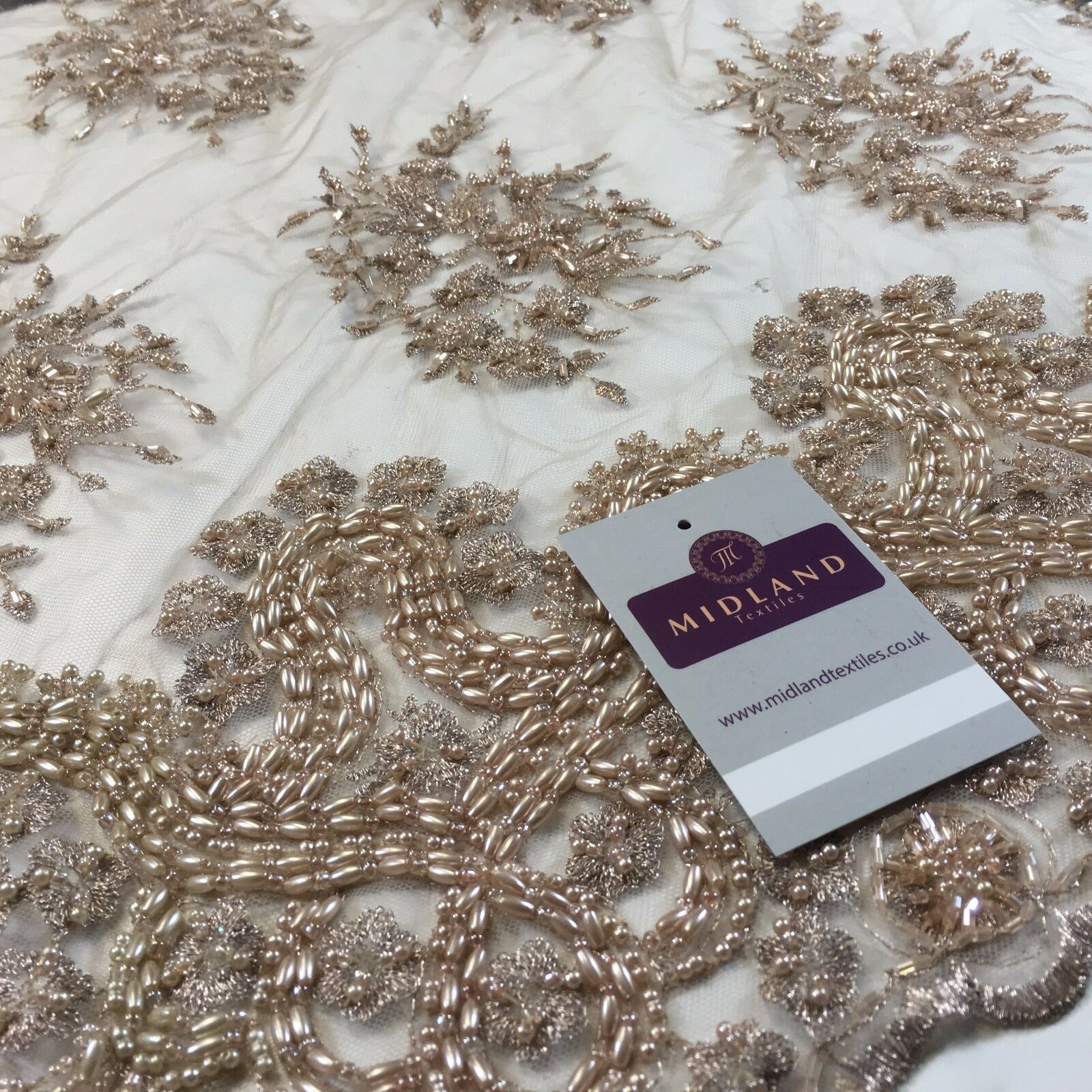 Faux Pearl Heavy Embellished Scalloped Edged Dress Net Fabric 58' M793 Mtex