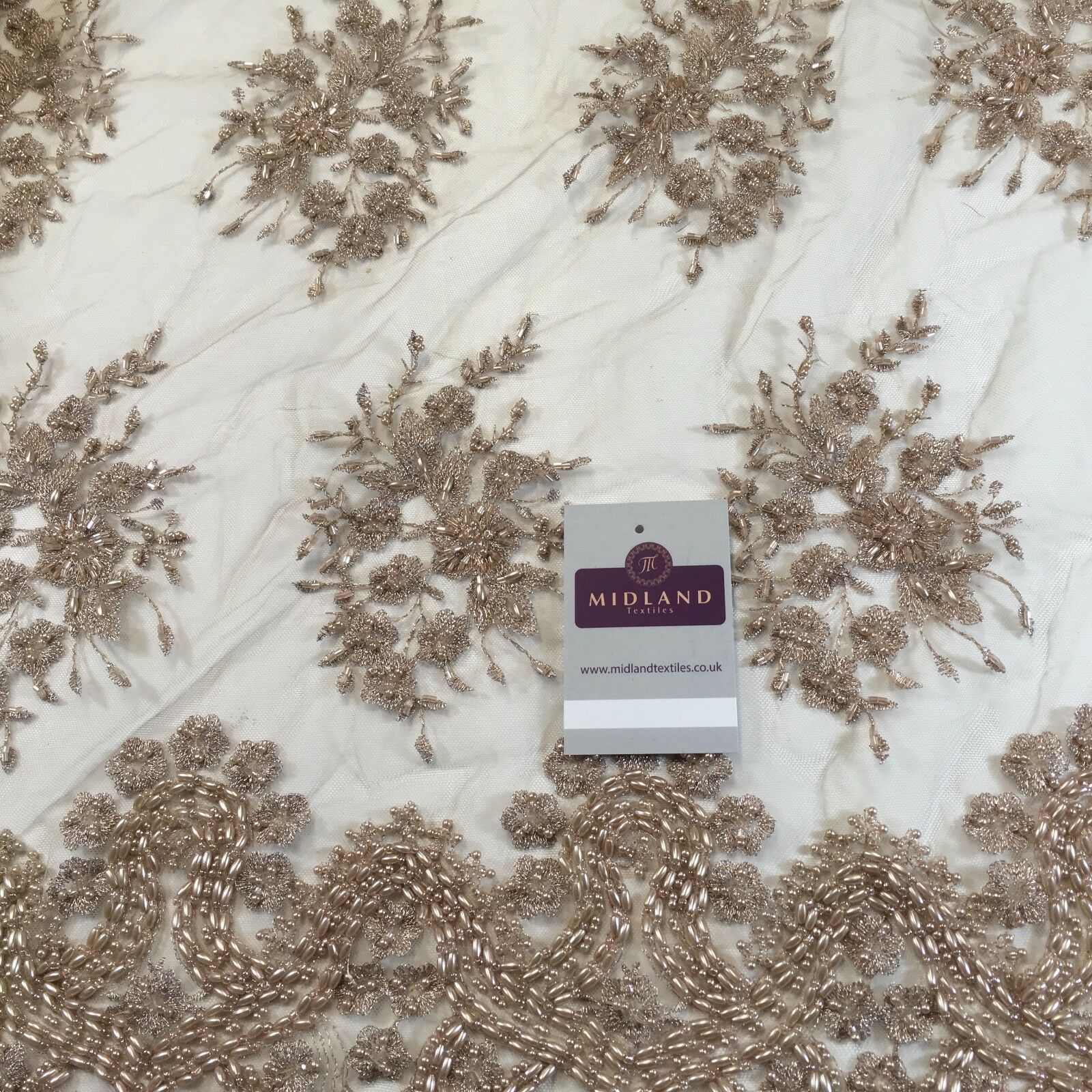 Faux Pearl Heavy Embellished Scalloped Edged Dress Net Fabric 58' M793 Mtex