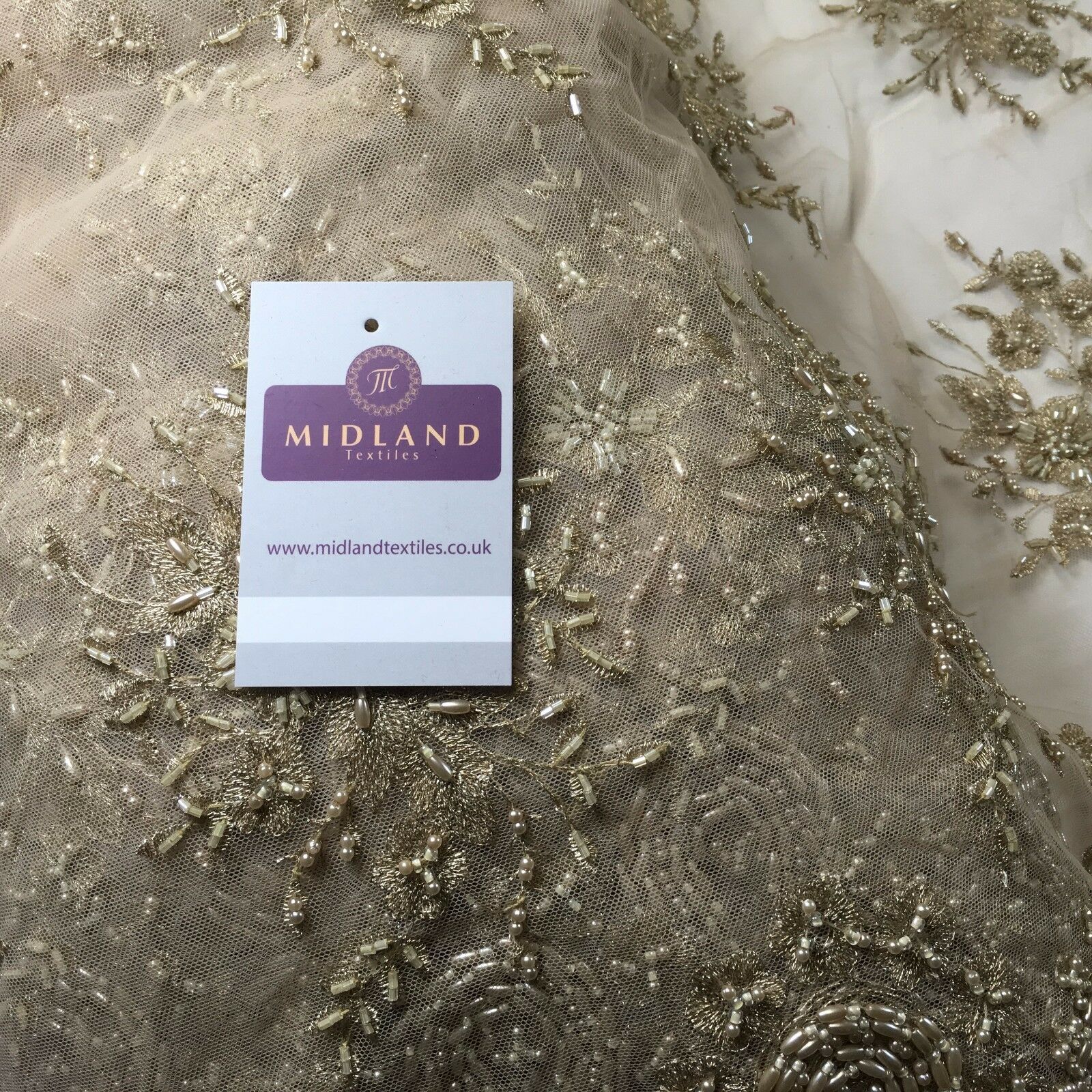 Faux Pearl Heavy Embellished Scalloped Edged Dress Net Fabric 58' M793 Mtex