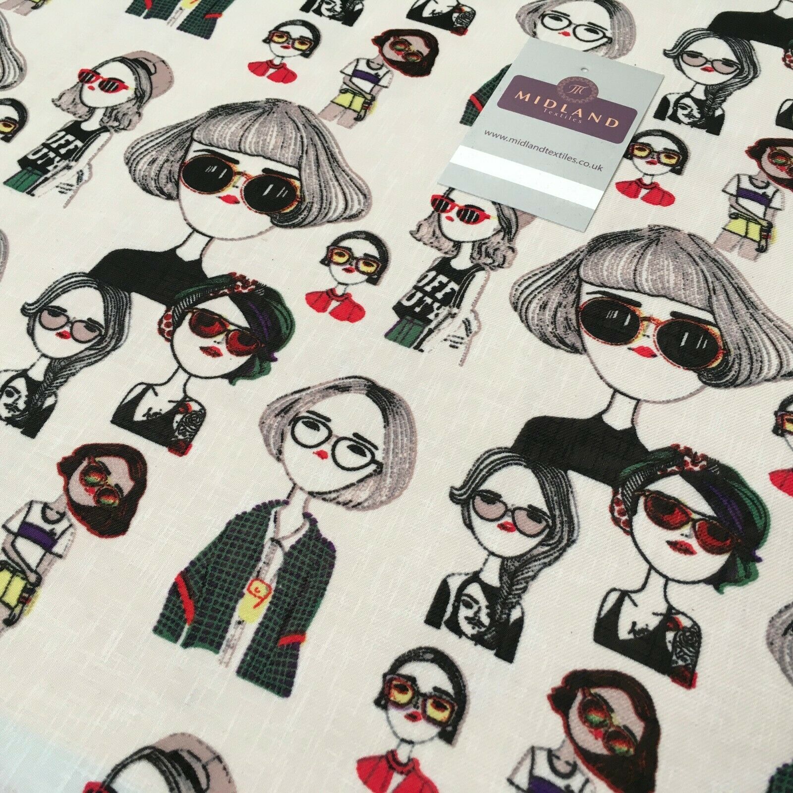 Character Illustration on White Georgette crepe Linen effect Fabric 150Cm MK1095