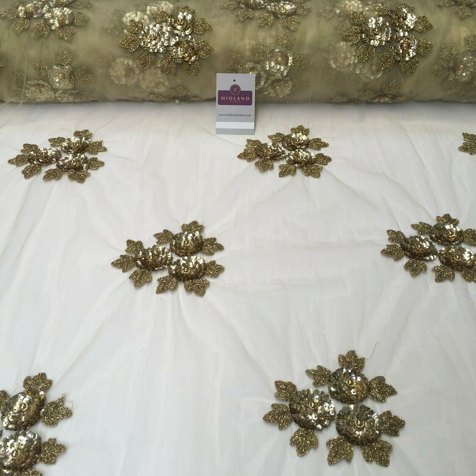 Gold Floral net with pearls Wedding Dress fabric 100 cm Wide MR1131-2 Mtex