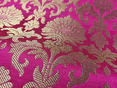 Golden Ornamental metallic print Indian faux silk banarsi Brocade fabric M244