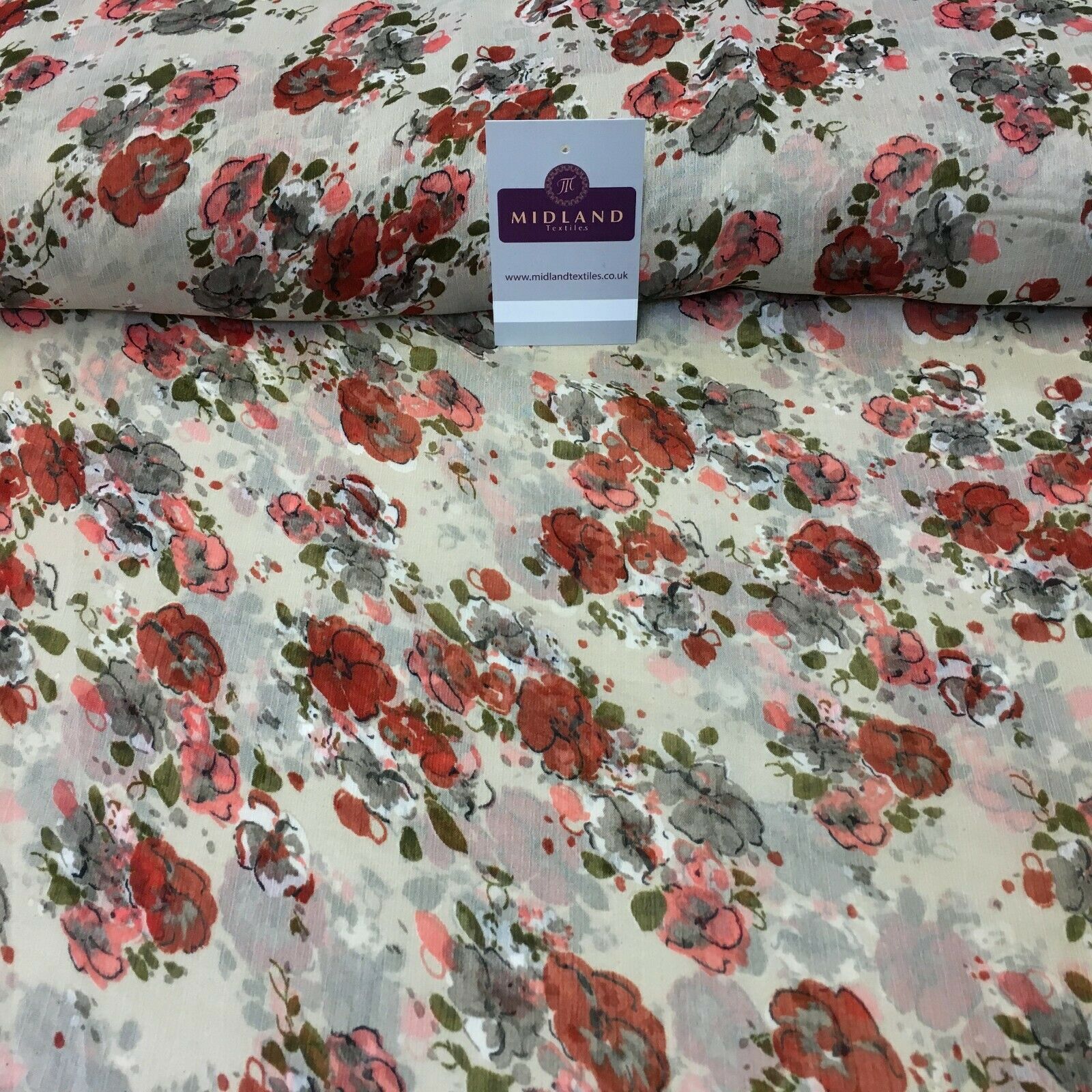 Beige Red Vintage Floral Crinkle Georgette Chiffon Fabric 150cm Wide MK1090-5