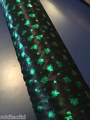 Green christmas tree on black Computer Foil Printed Fabric M7-4 Mtex