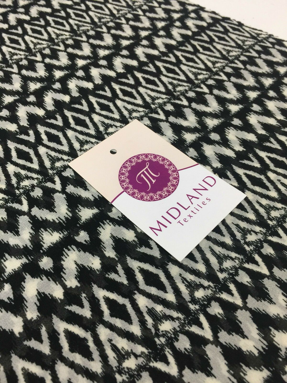 Black and Off white geometric tribal crepe chiffon ﻿printed fabric 58' M401-12