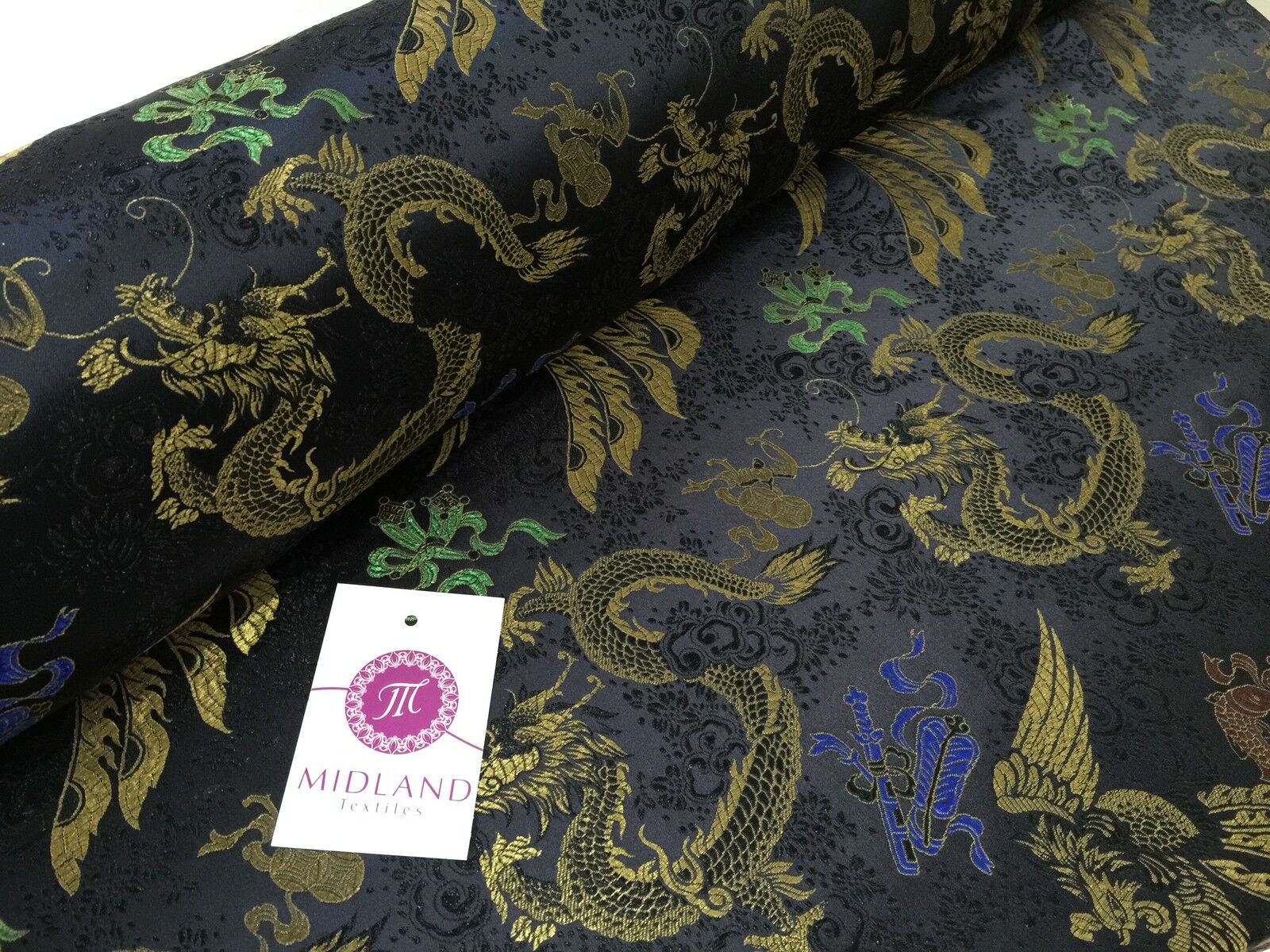 CHINESE ORIENTAL GOLD DRAGON EMBROIDERED BROCADE SILKY DRESS FABRIC 44" M52
