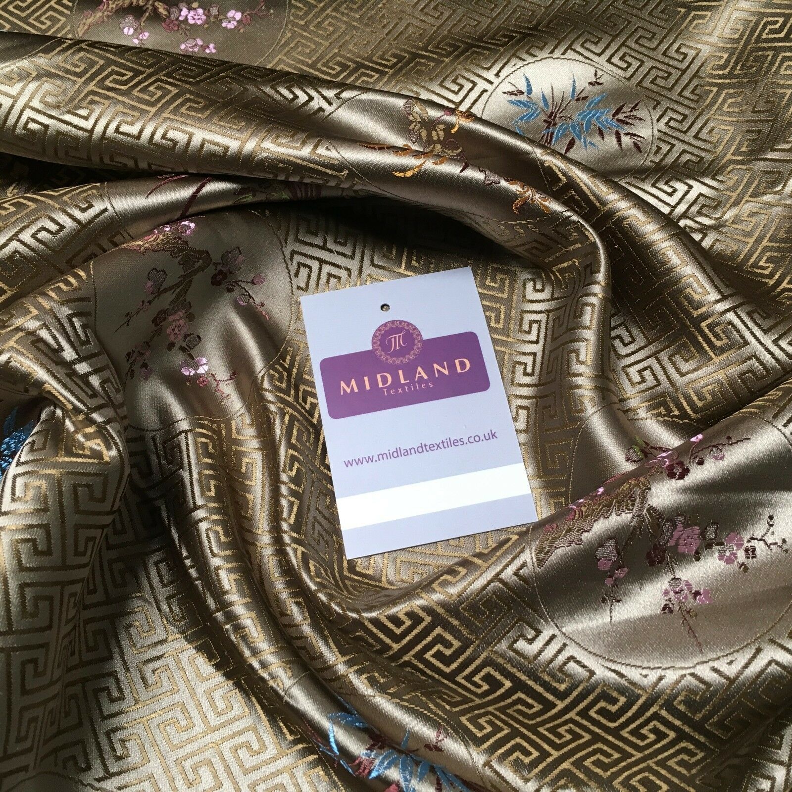 Greek Key Chinese brocade Silky Smooth Satin fabric 45' M663 Mtex