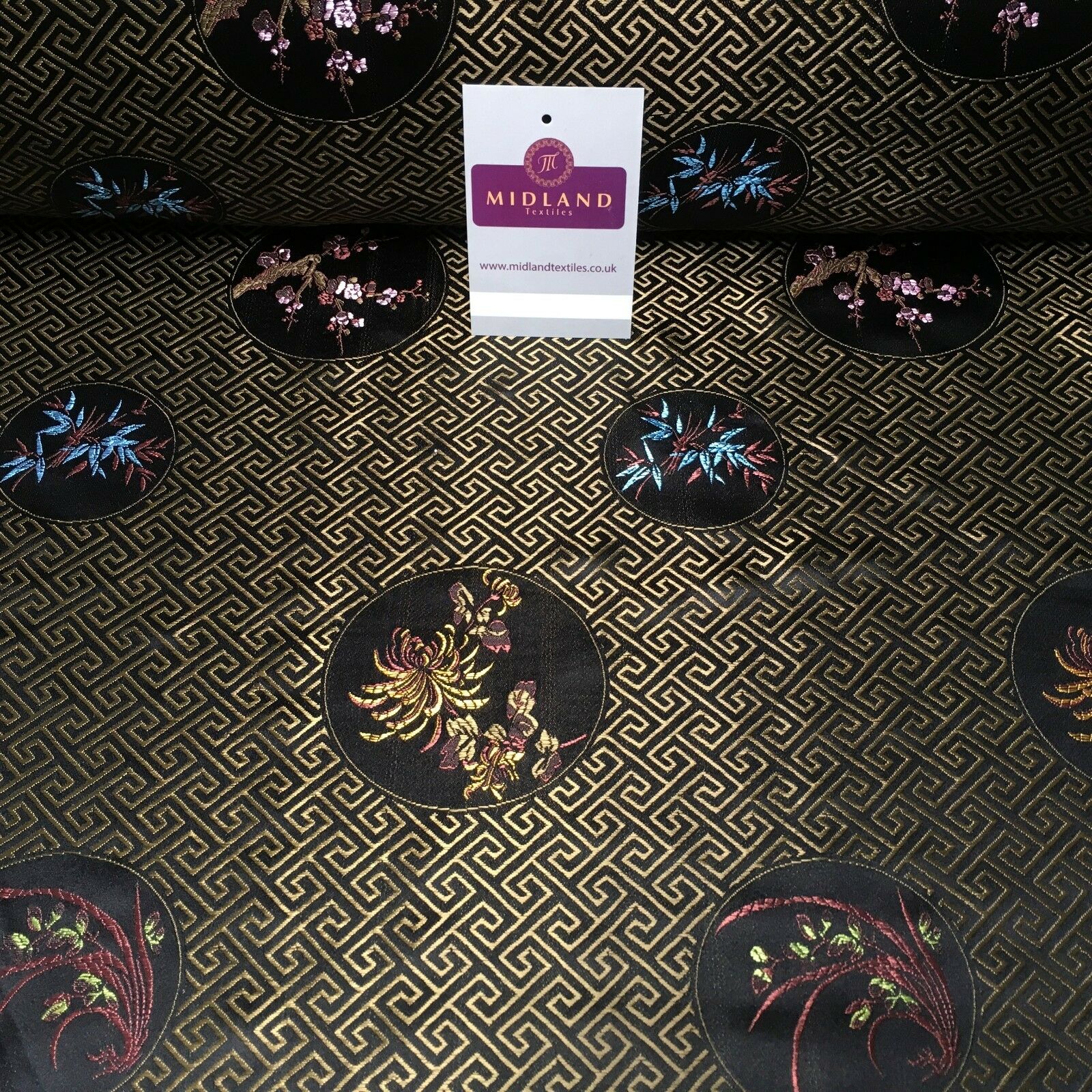 Greek Key Chinese brocade Silky Smooth Satin fabric 45' M663 Mtex