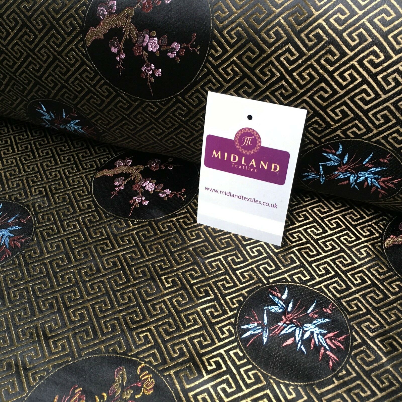 Greek Key Chinese brocade Silky Smooth Satin fabric 45" M663 Mtex