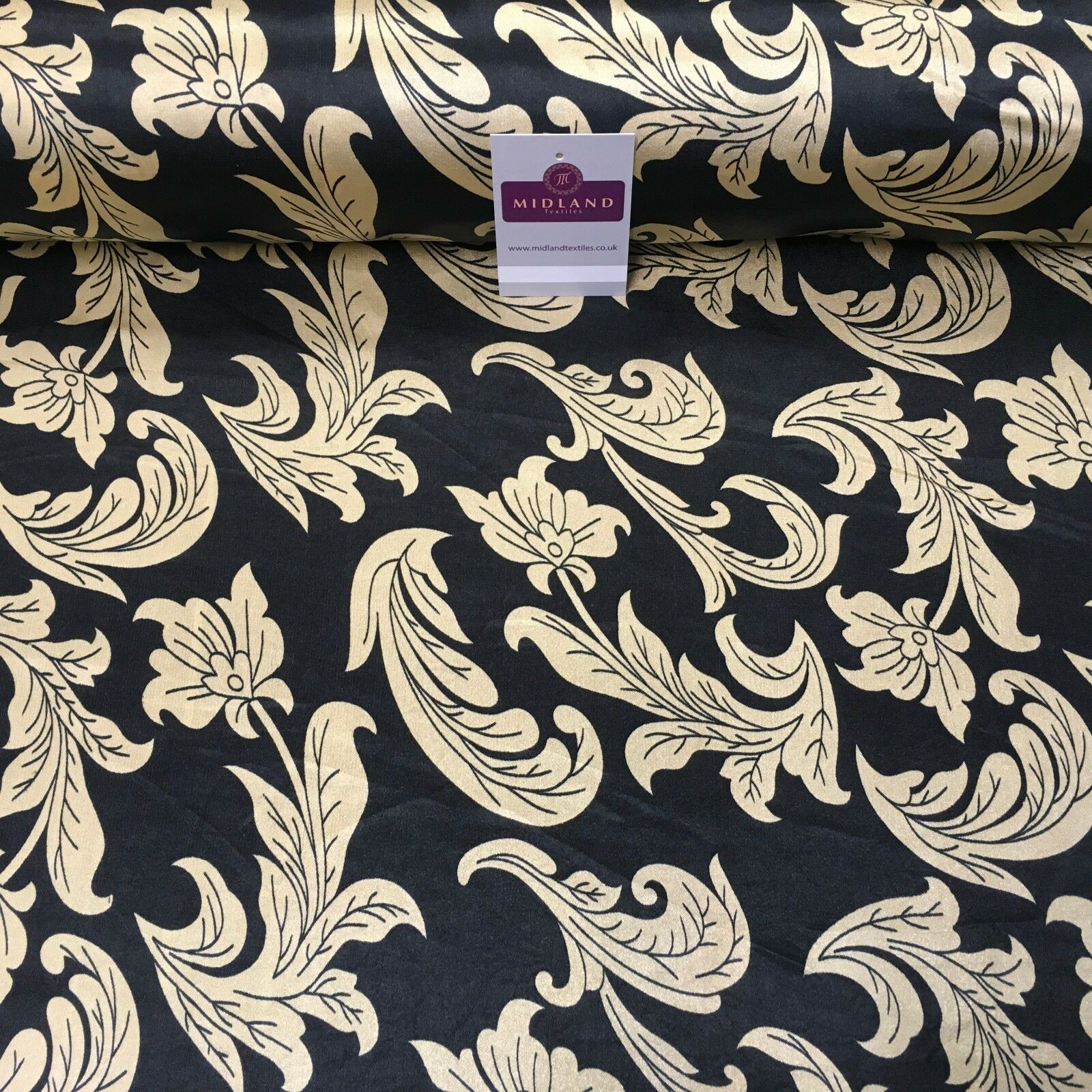 Black & Gold Floral Printed Satin Silky Dress fabric 55' Wide MA1026 Mtex