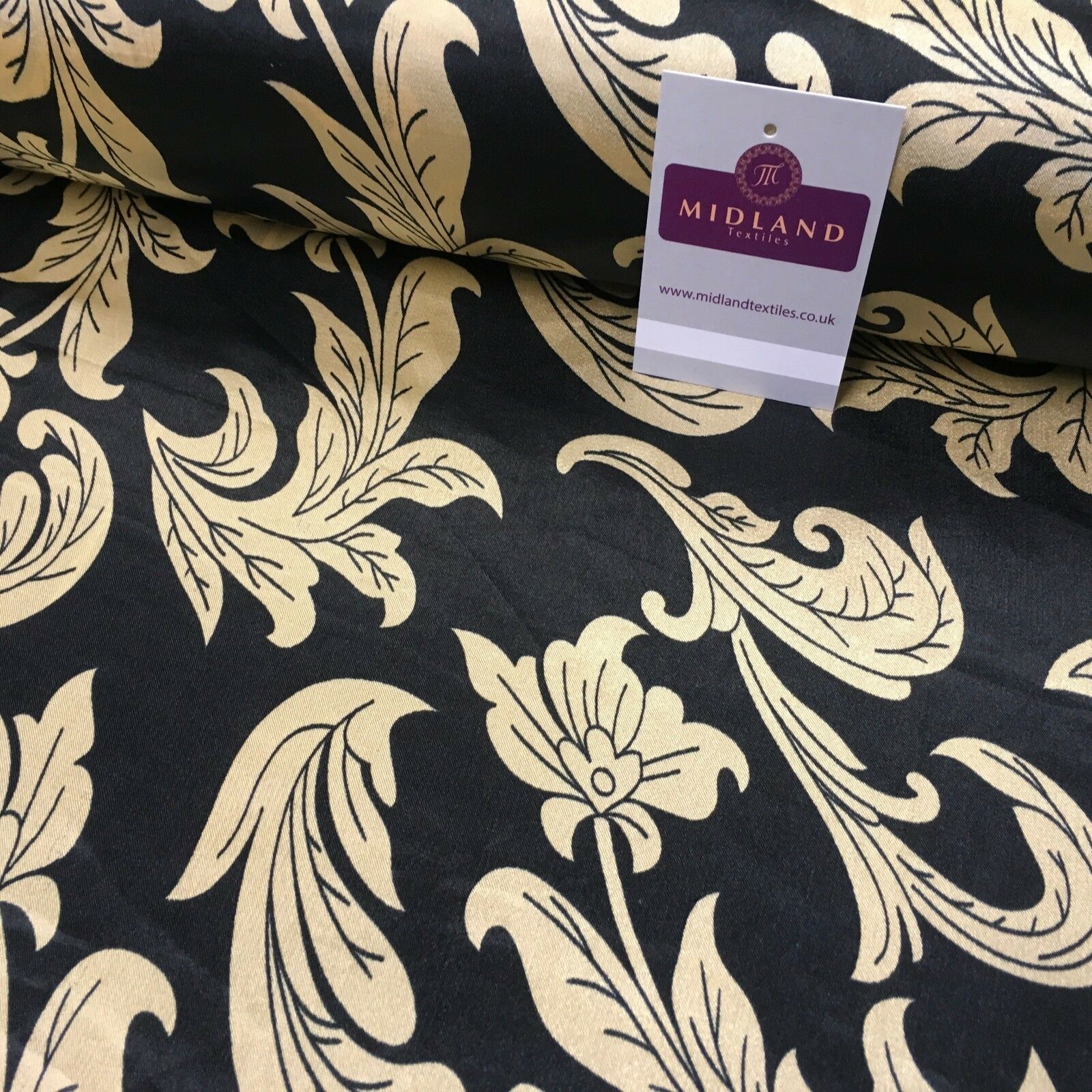 Black & Gold Floral Printed Satin Silky Dress fabric 55' Wide MA1026 Mtex