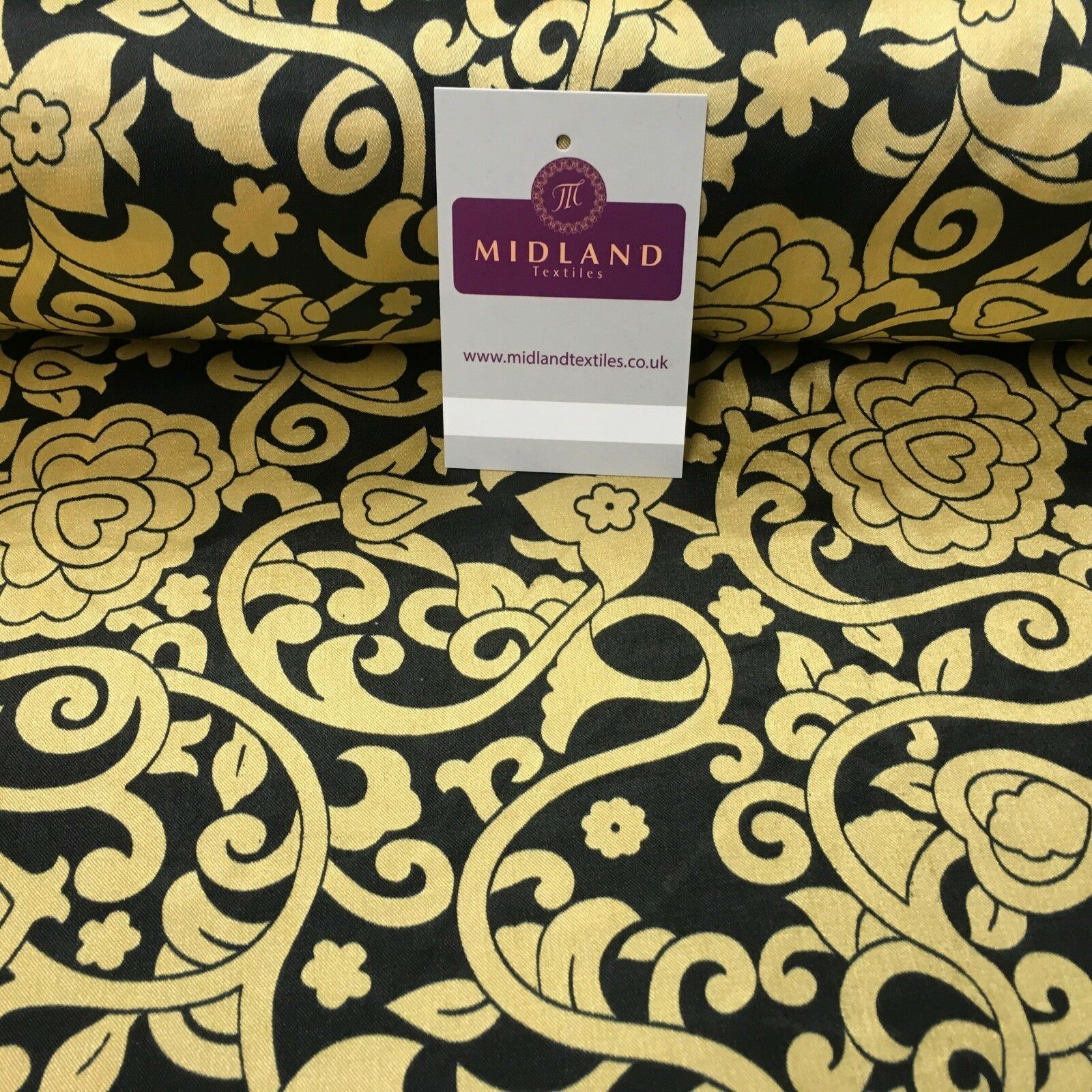 Black & Gold Floral Printed Satin Silky Dress fabric 55" Wide MA1026 Mtex