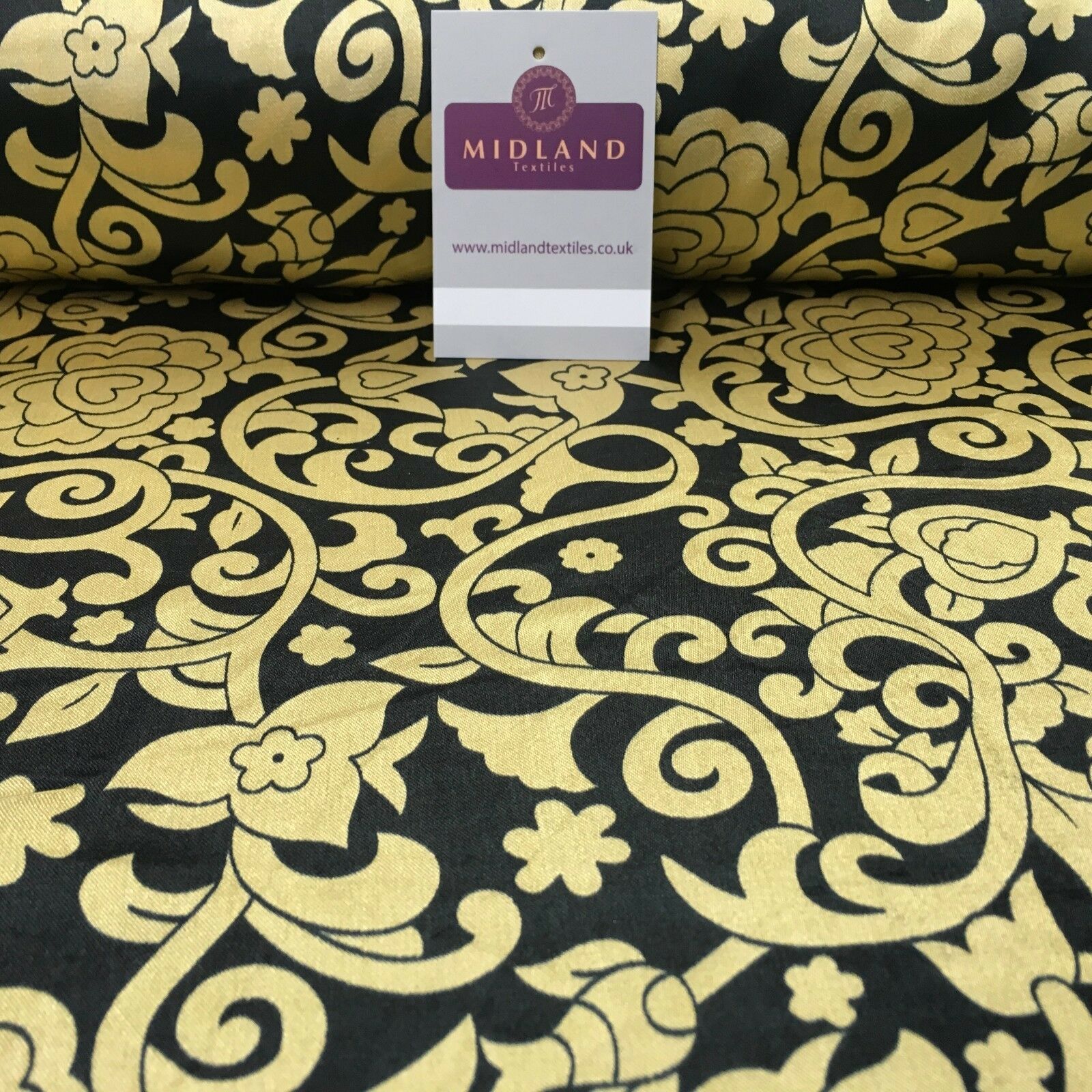 Black & Gold Floral Printed Satin Silky Dress fabric 55' Wide MA1026 Mtex