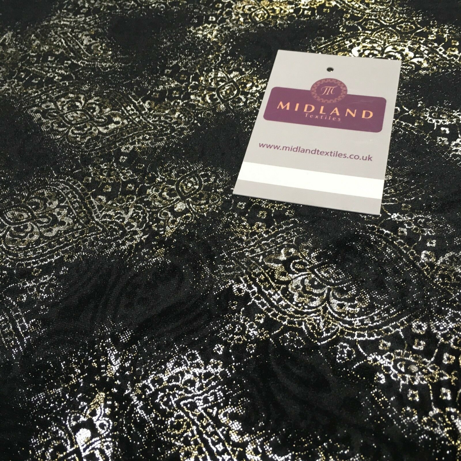 Black Gold Silver Embossed Foil Ornamental Velvet Velour stretch Fabric 58" M971