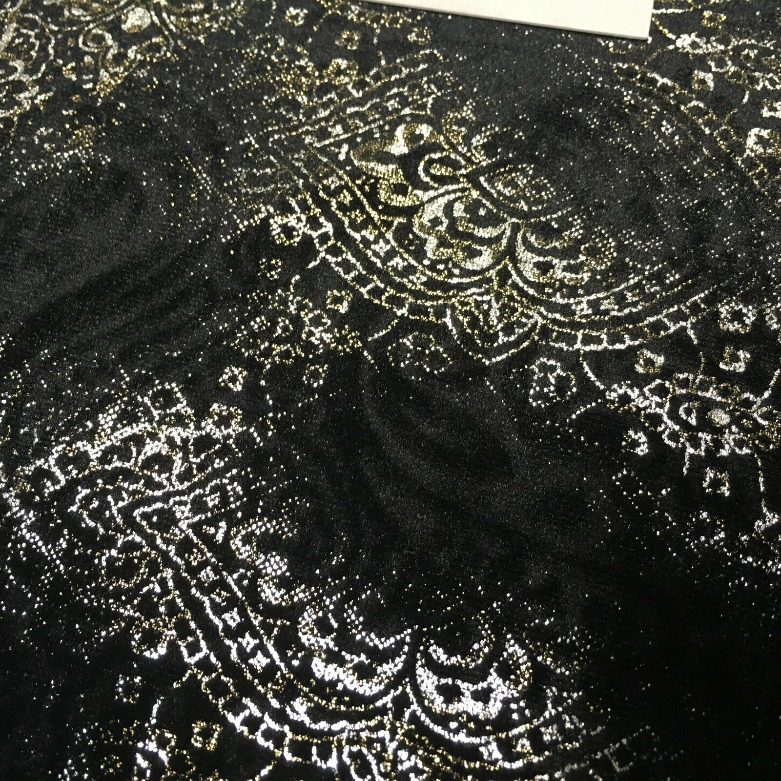 Black Gold Silver Embossed Foil Ornamental Velvet Velour stretch Fabric 58' M971