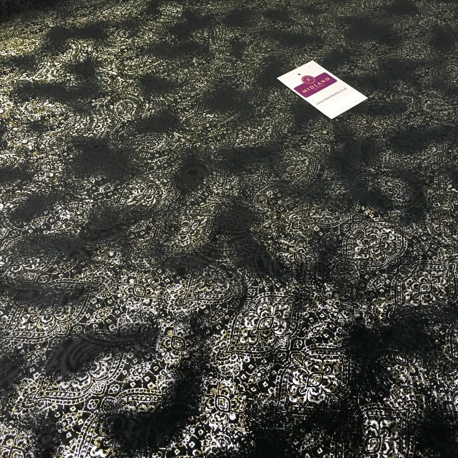 Black Gold Silver Embossed Foil Ornamental Velvet Velour stretch Fabric 58' M971