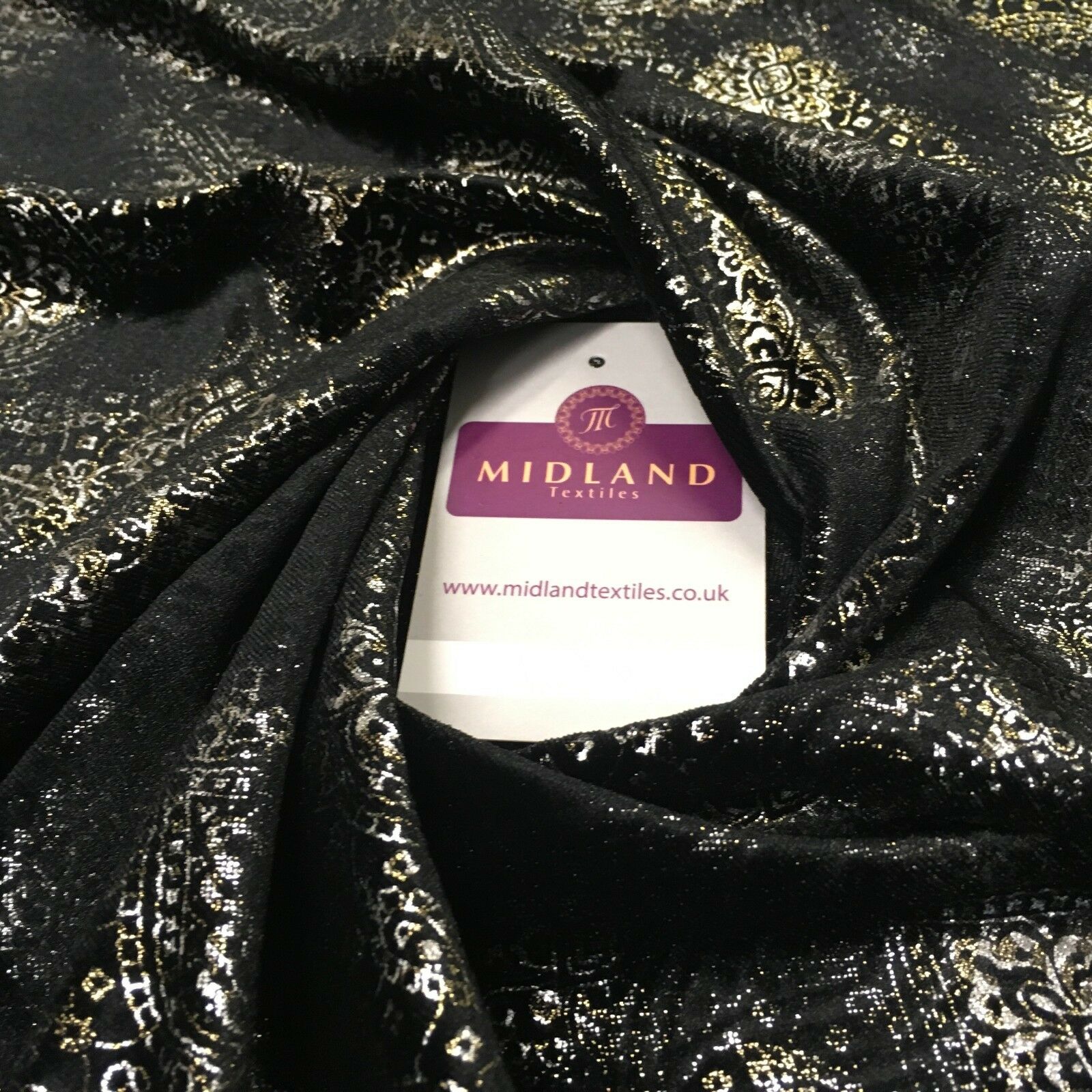 Black Gold Silver Embossed Foil Ornamental Velvet Velour stretch Fabric 58" M971