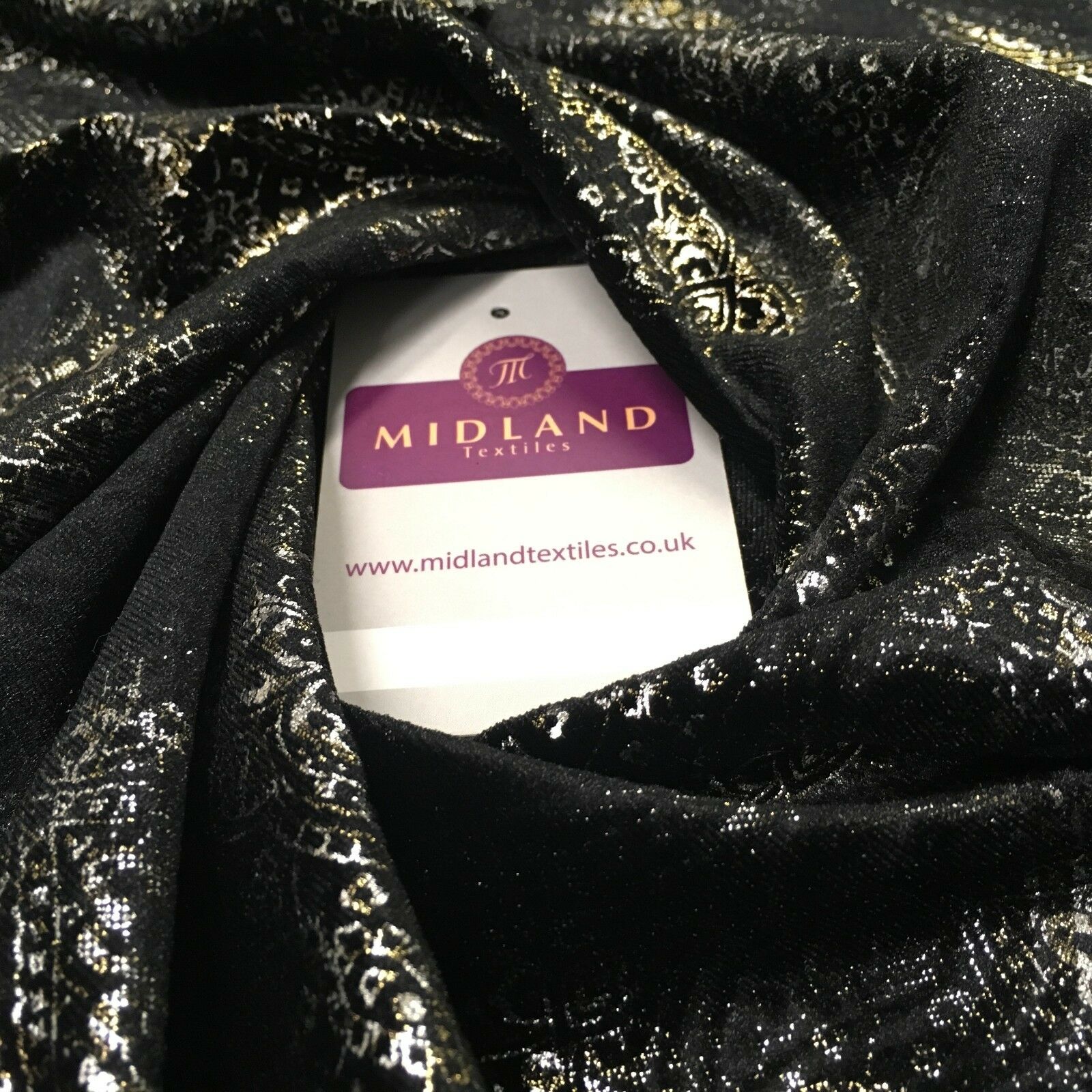 Black Gold Silver Embossed Foil Ornamental Velvet Velour stretch Fabric 58' M971