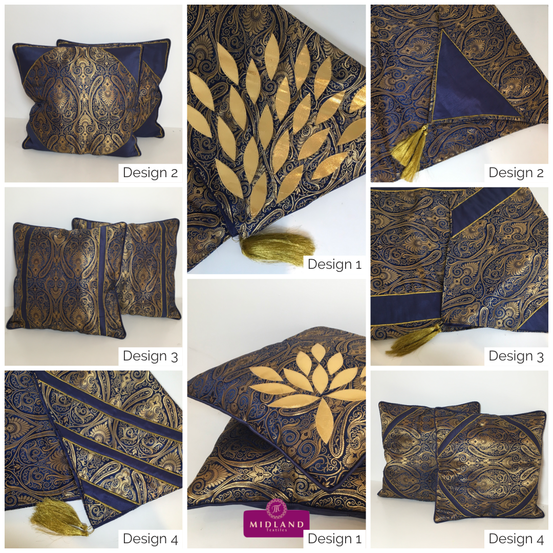 Navy Blue Indian Ornamental banarsi raw silk Cushion Cover Table Runner M1386