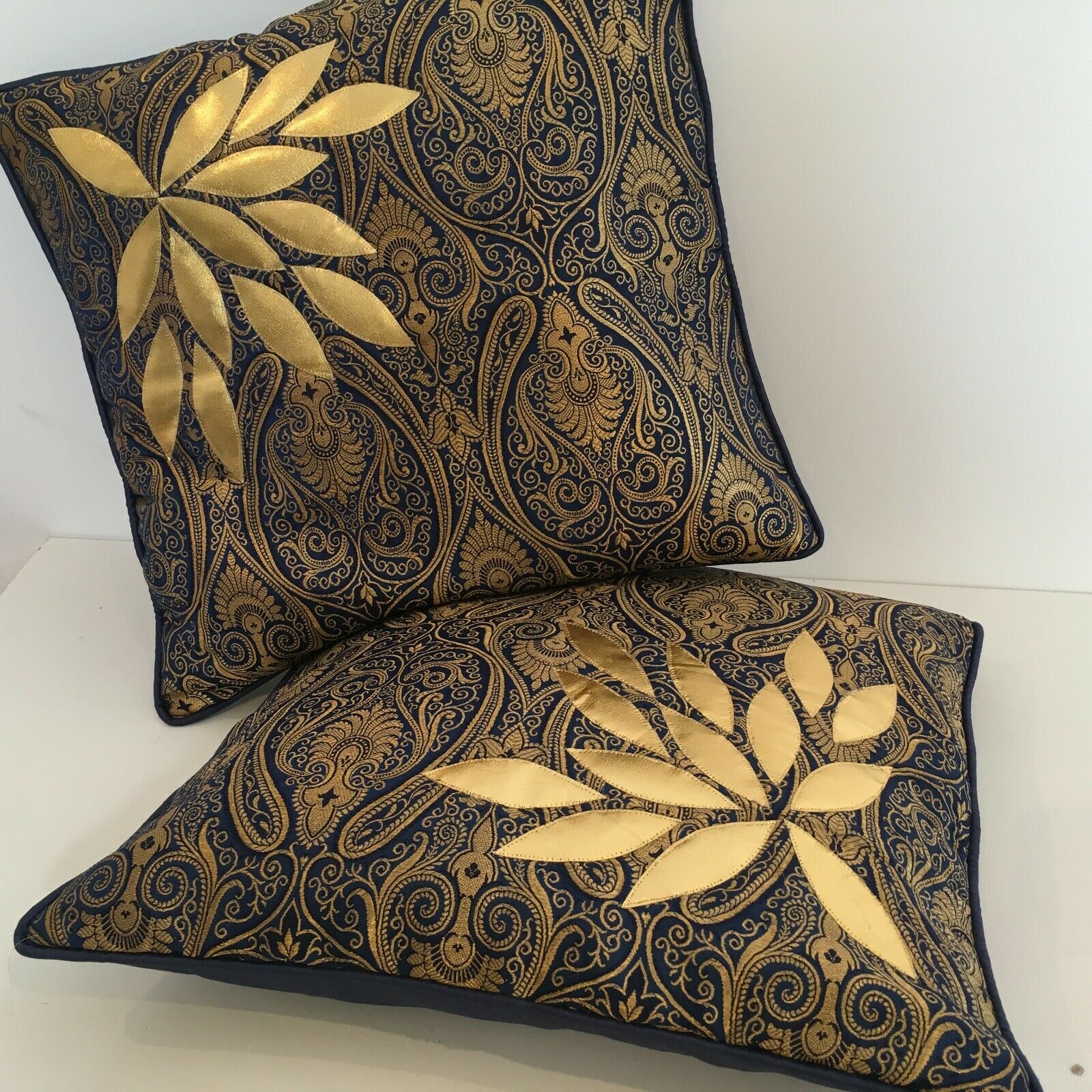 Navy Blue Indian Ornamental banarsi raw silk Cushion Cover Table Runner M1386