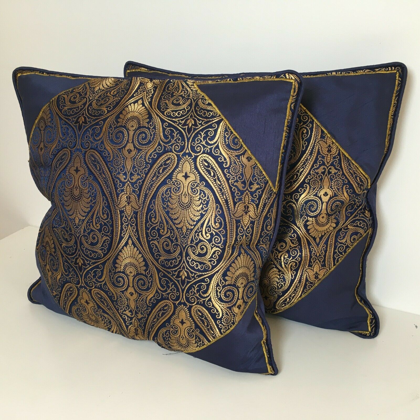 Navy Blue Indian Ornamental banarsi raw silk Cushion Cover Table Runner M1386