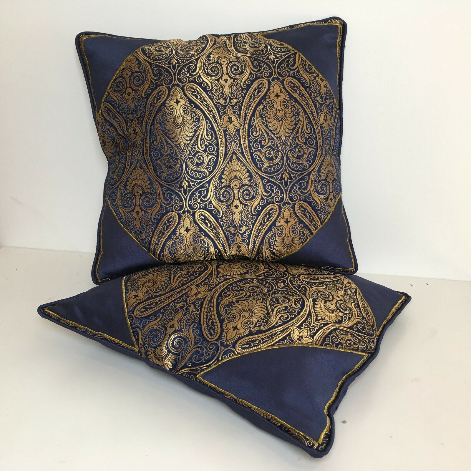 Navy Blue Indian Ornamental banarsi raw silk Cushion Cover Table Runner M1386