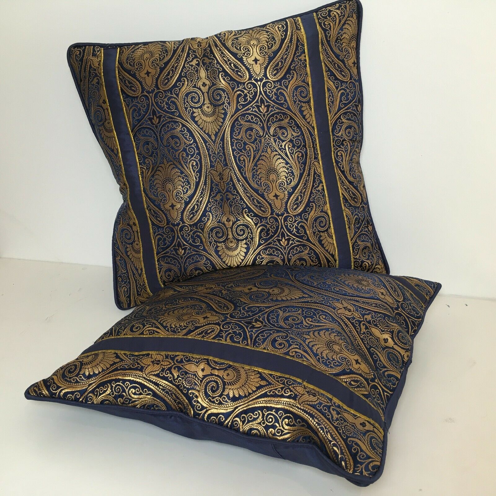 Navy Blue Indian Ornamental banarsi raw silk Cushion Cover Table Runner M1386