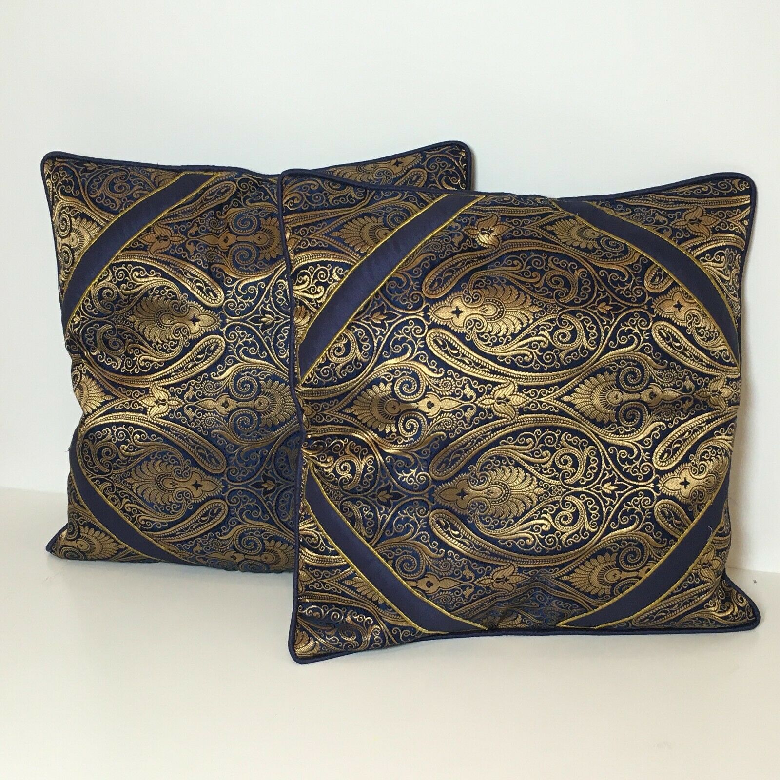 Navy Blue Indian Ornamental banarsi raw silk Cushion Cover Table Runner M1386