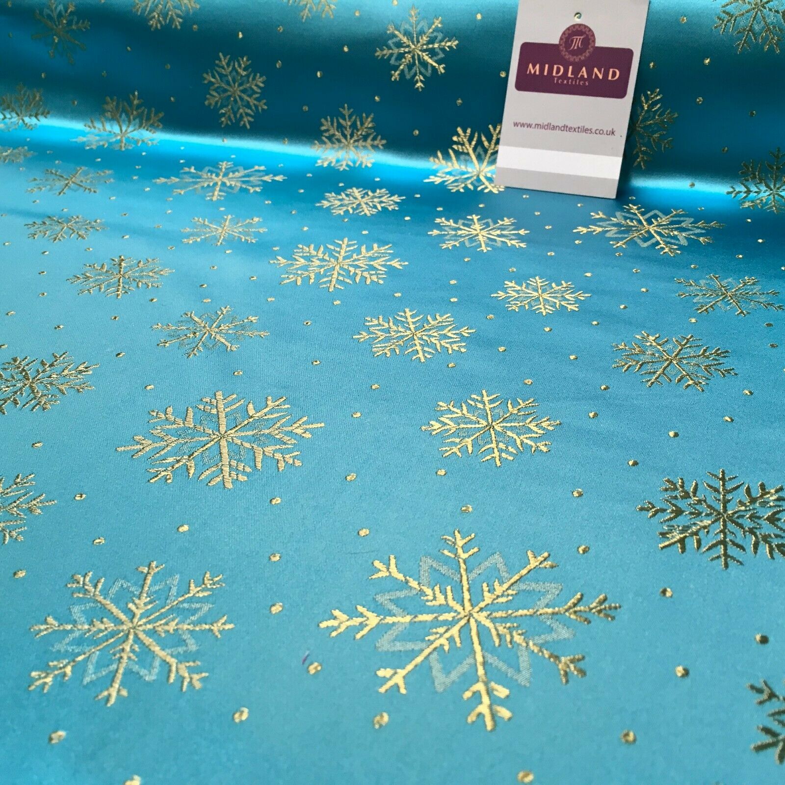 Chinese Turquoise & Gold Snowflake Satin Brocade Dress Fabric 110cm Wide M395-26