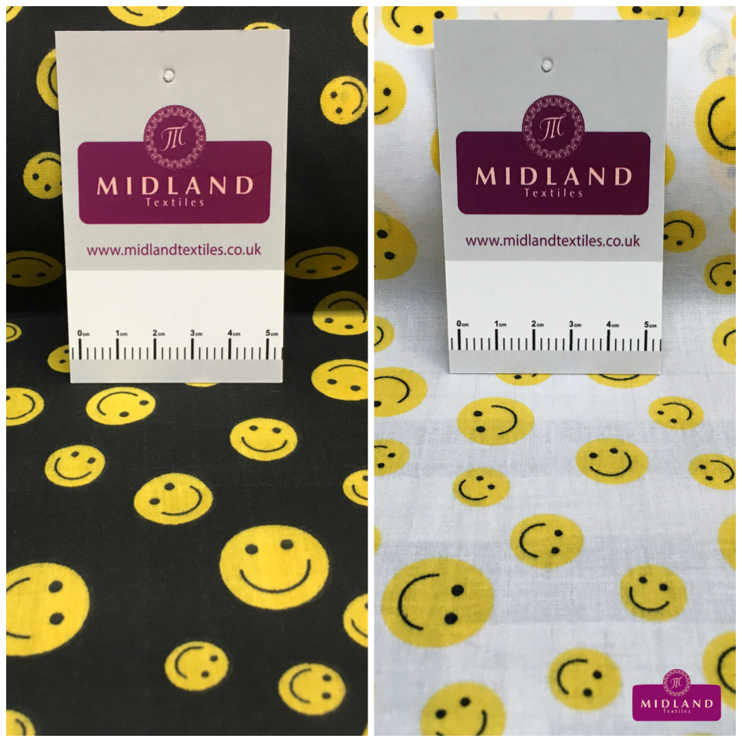 Yellow Smiley Emoji Face Printed Polycotton Mask Fabric 110 cm MD1517 Mtex