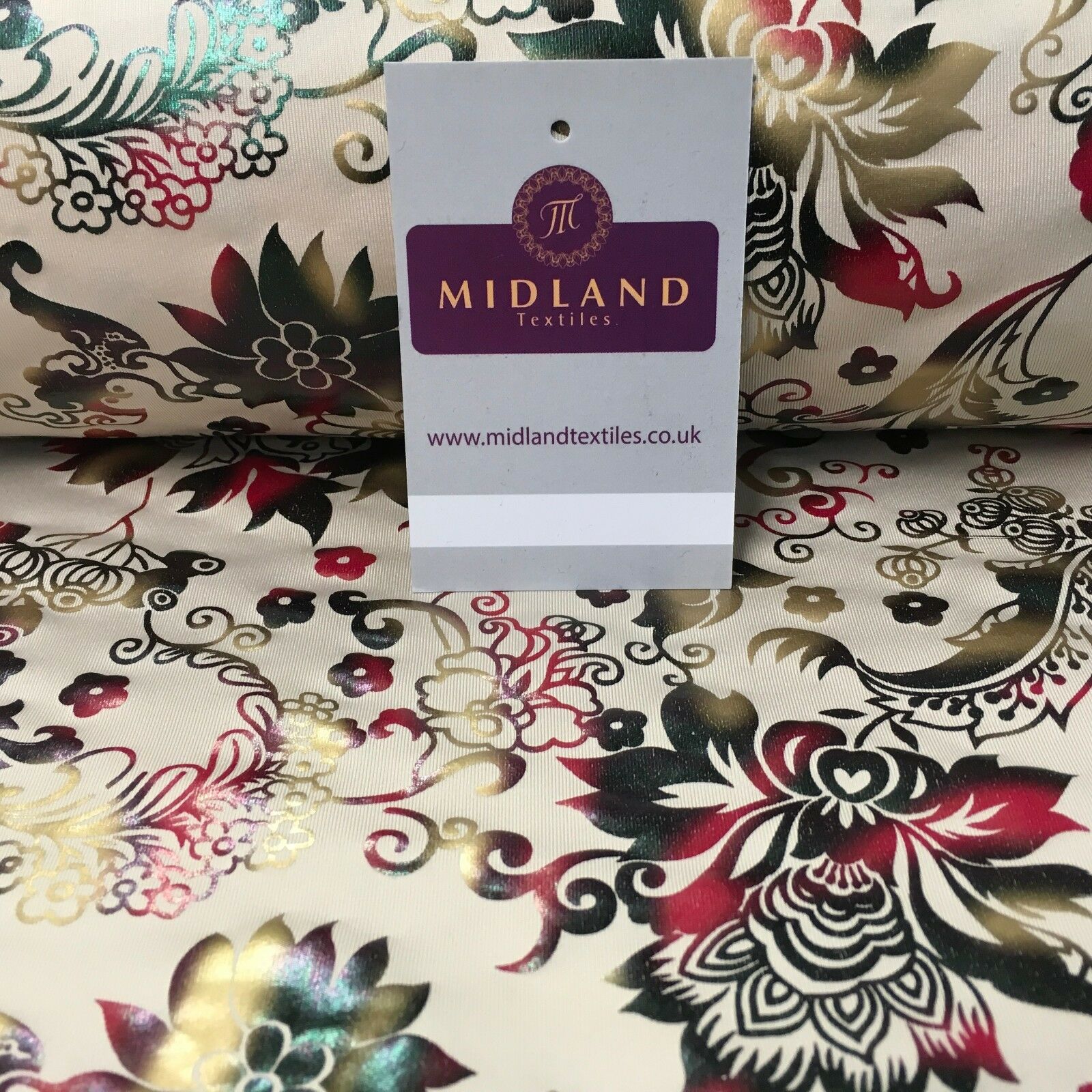 Beige Multicoloured Floral Foil Print Spandex Jersey Dress fabric 58" MU1022-1